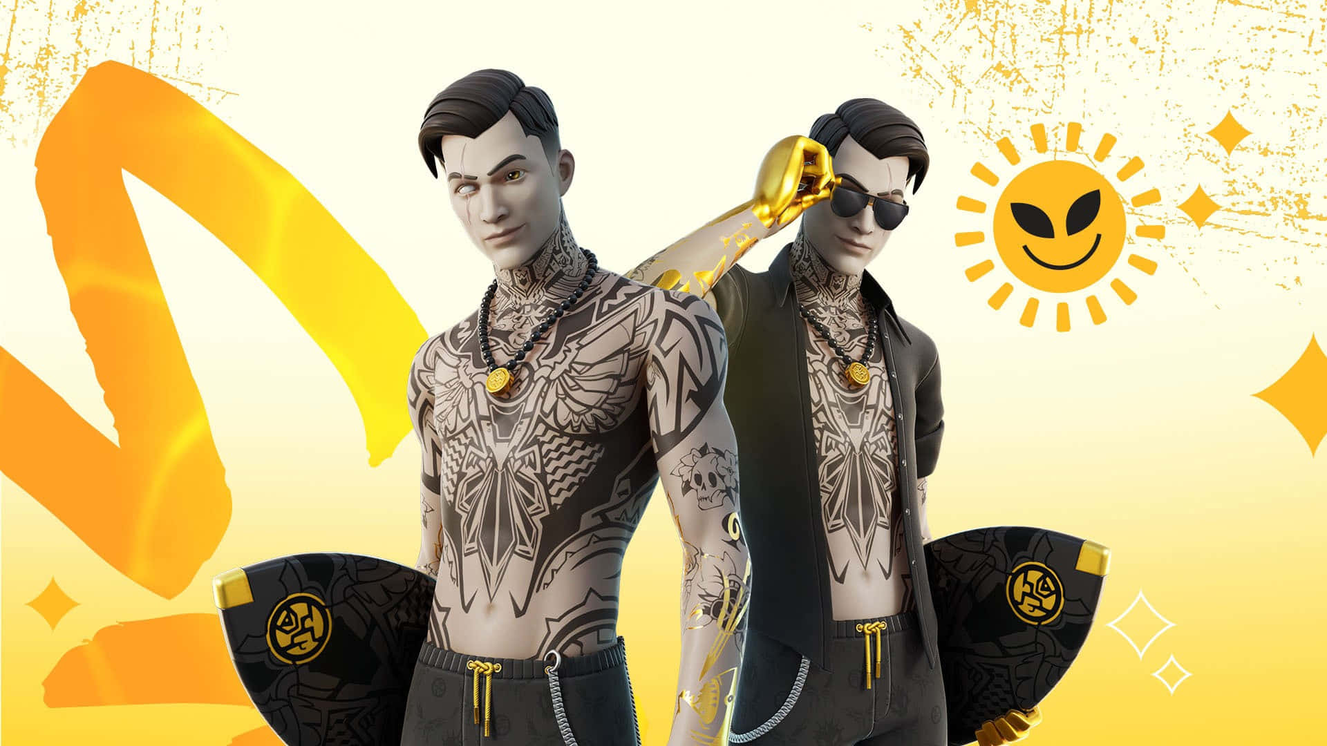 To mænd med tatoveringer og solbriller stående side om side Wallpaper