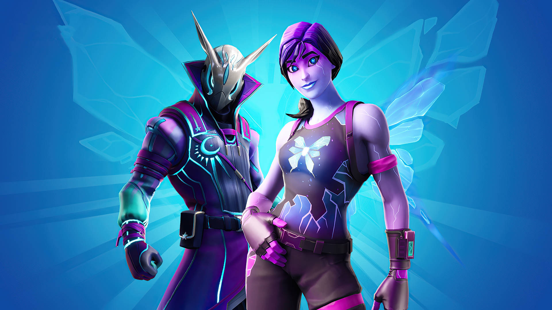 Fortnite - A Couple Of Characters Standing In Front Of A Blue Background Wallpaper