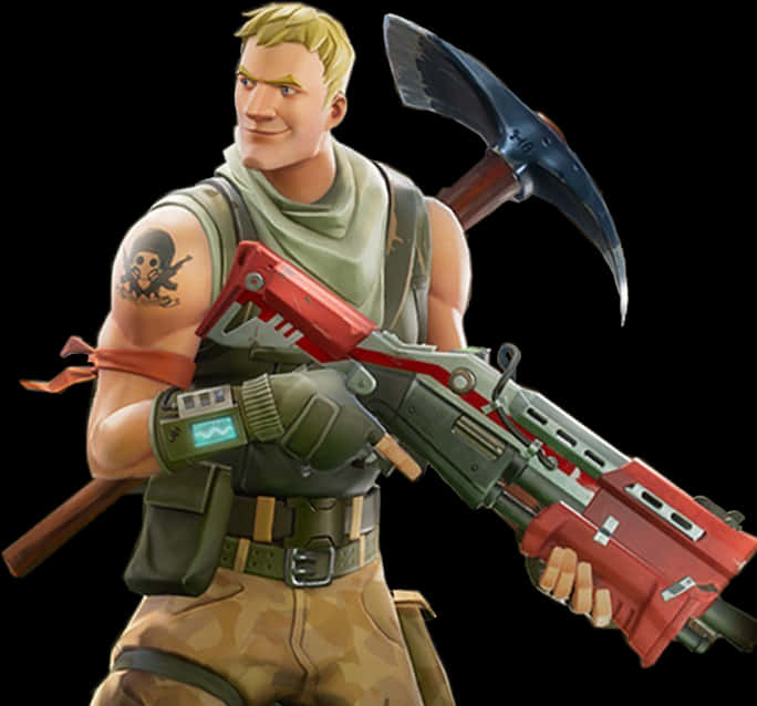 Fortnite Character With Pickaxe And Rifle PNG