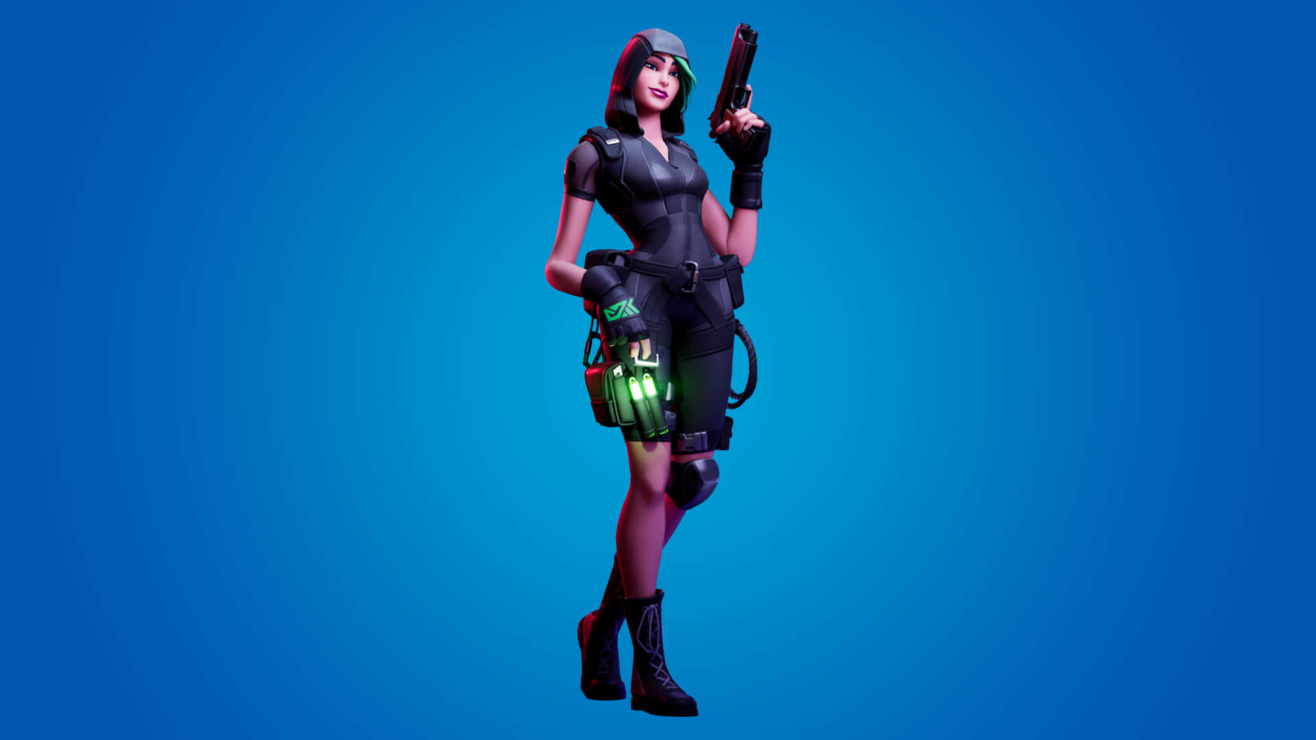 Fortnite Female Character Posewith Gunand Gadgets Wallpaper