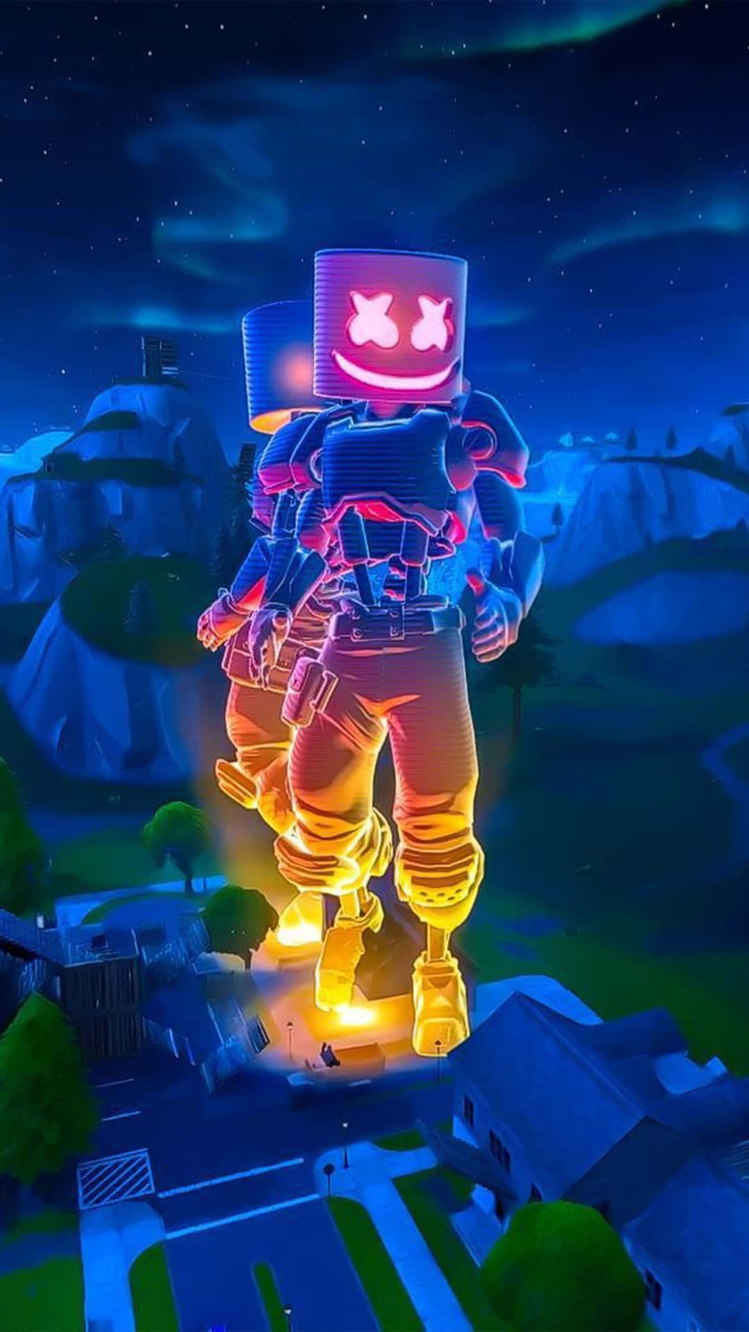 Fortnite Glowing Marshmello Character Night Scene Wallpaper