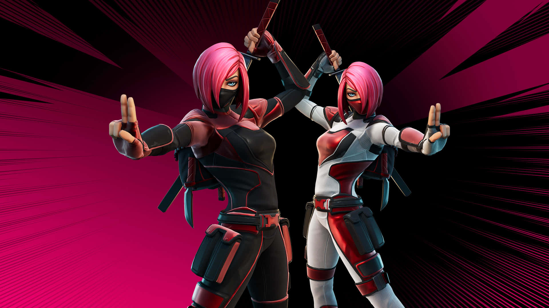 Zweirosafarbene Figuren Mit Waffen Vor Einem Rosa Hintergrund. Wallpaper