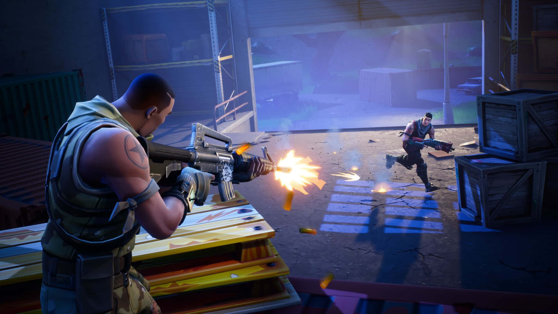 Fortnite - A Game With Two Players Shooting At Each Other Wallpaper