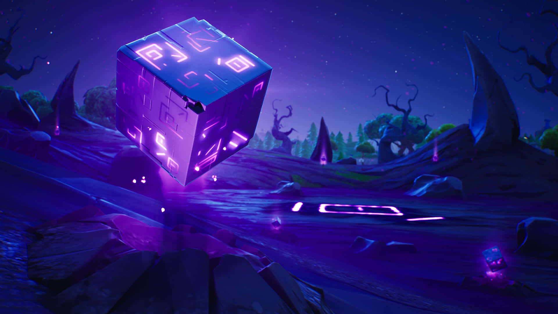 Fortnite - A Purple Cube In The Night Sky Wallpaper