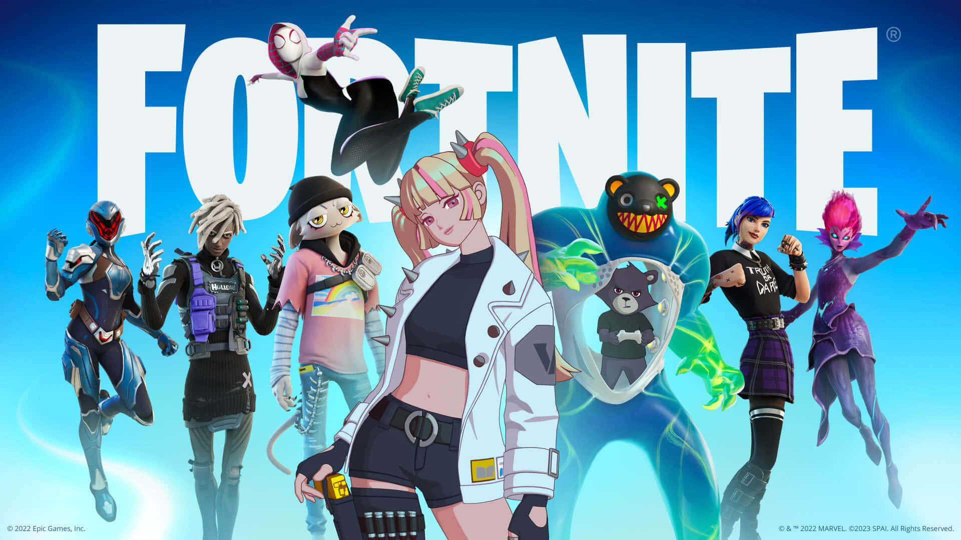 Fortnite - A Group Of Characters Standing In Front Of A Blue Background Wallpaper