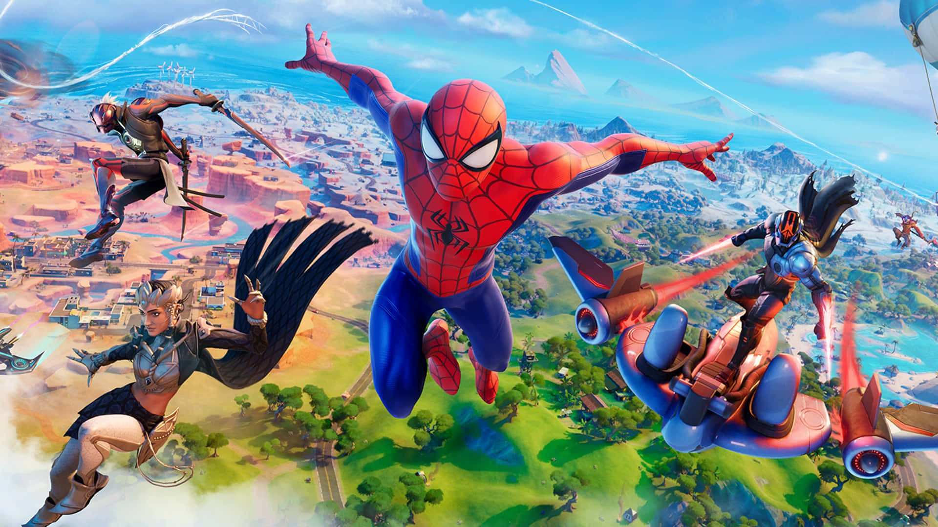 Spider - Man And His Friends Flying In The Air Wallpaper