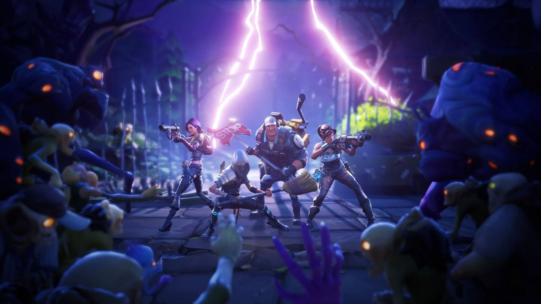 Zooming into Fortnite's tense battles between zombie armies and brave squads Wallpaper