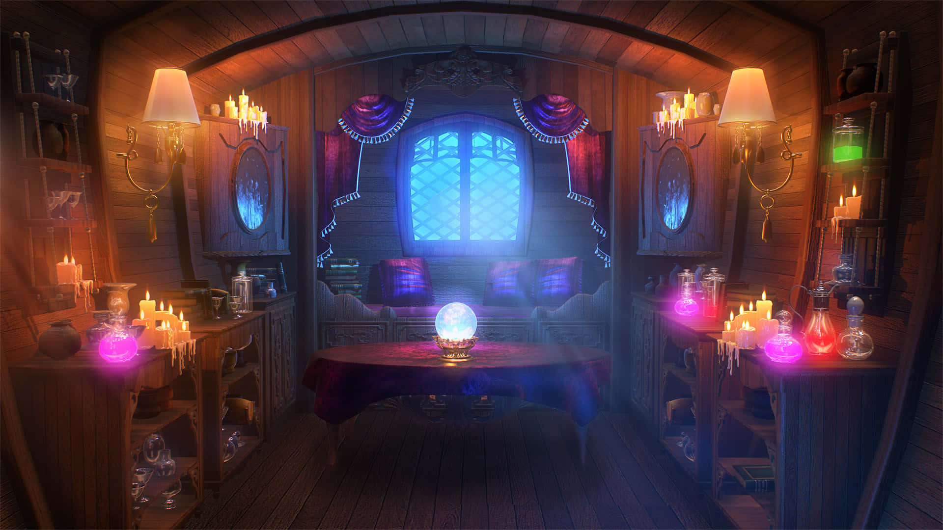 Mysterious Fortune Teller in Candlelit Room Wallpaper