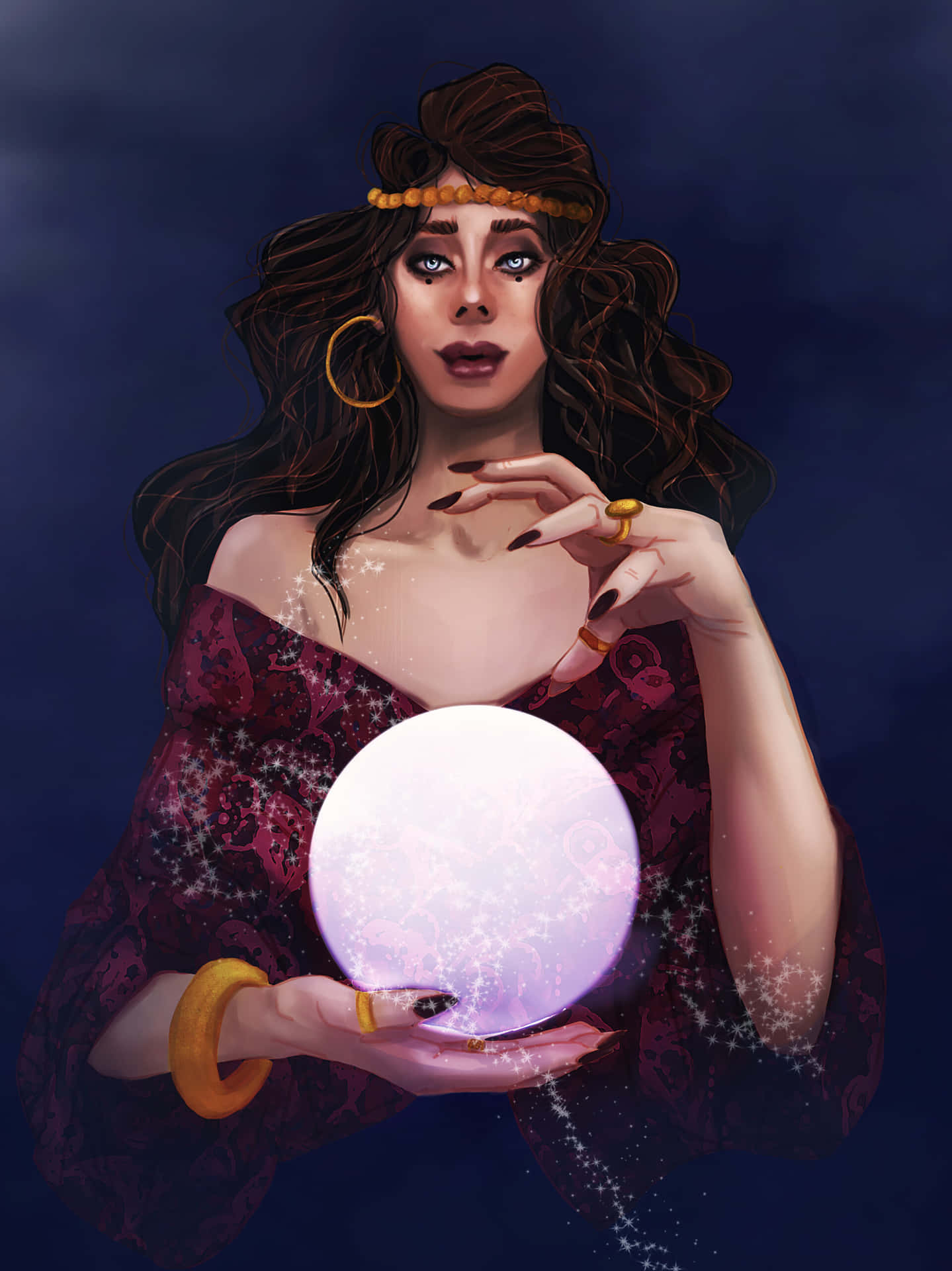 Mysterious Fortune Teller in a Candlelit Room Wallpaper