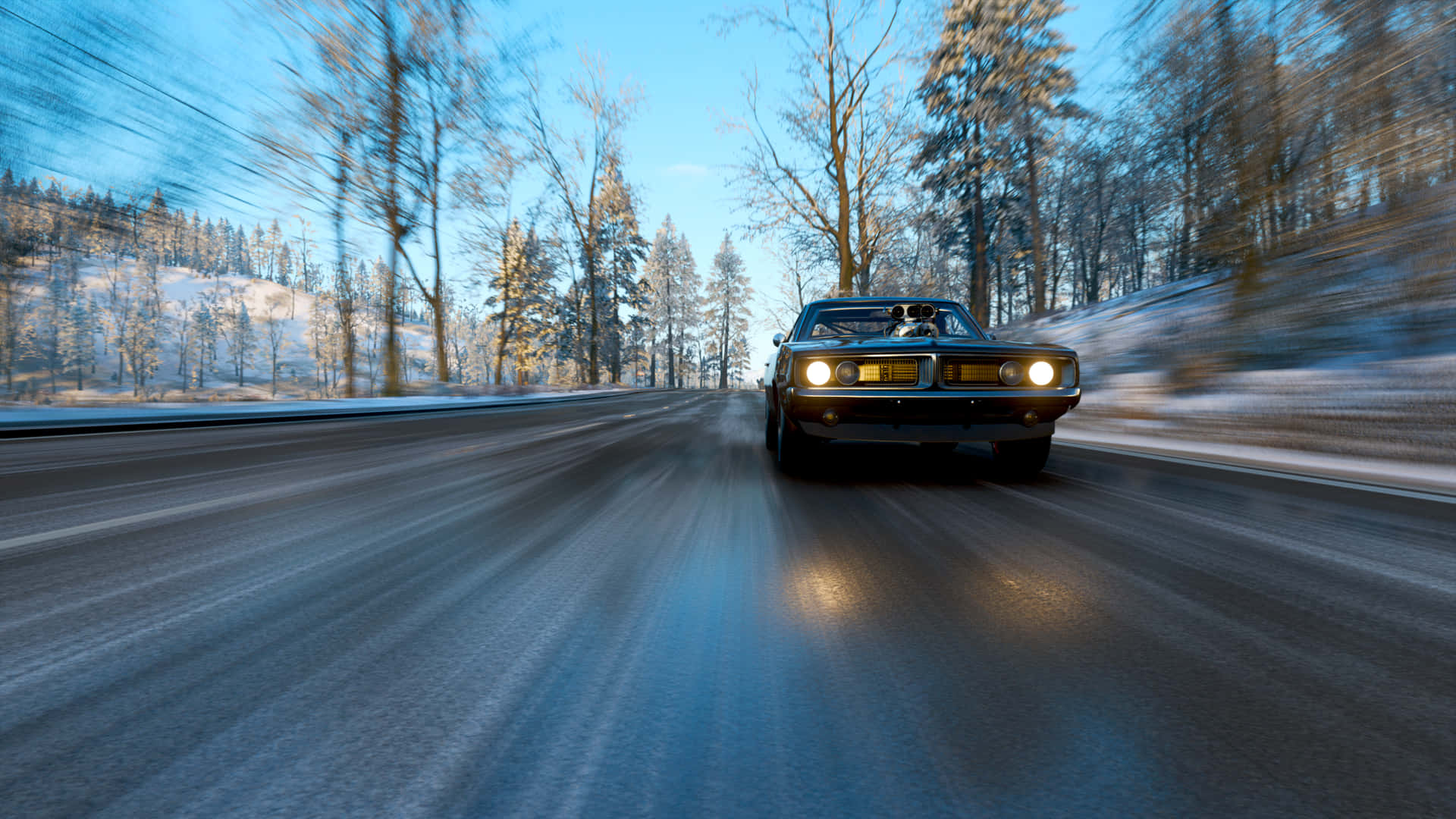 A Car Driving Down A Snowy Road Wallpaper