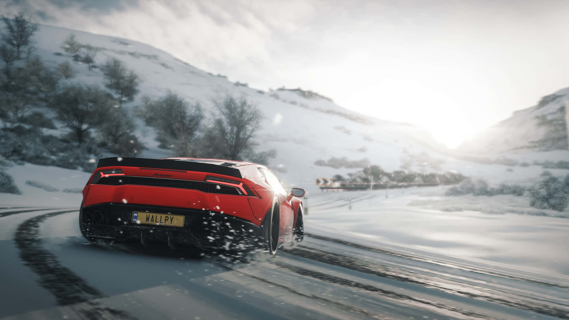 Fundode Tela Em Hd Do Forza Horizon 4 Com Um Lamborghini Vermelho Na Neve. Papel de Parede