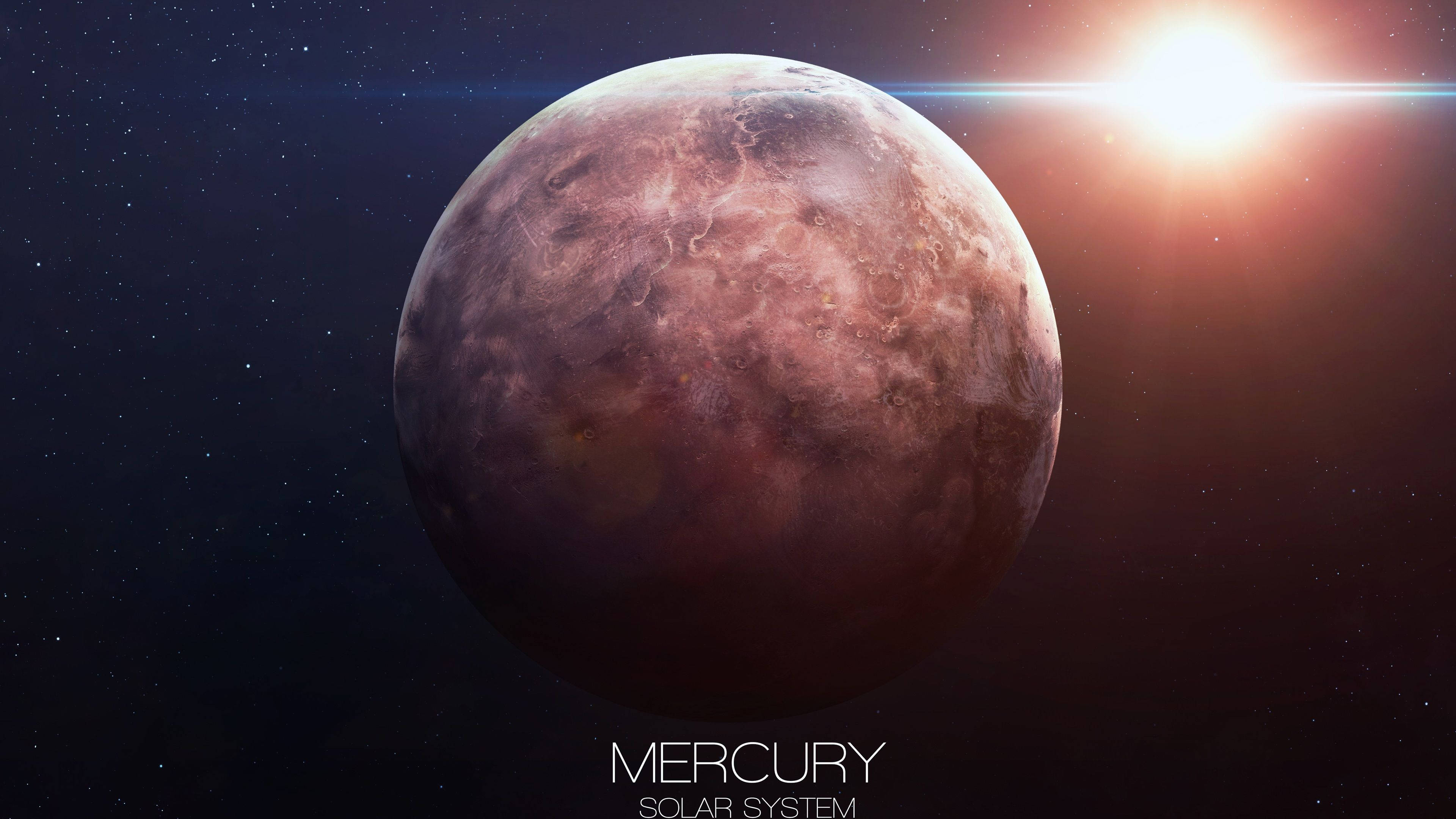 Dramatic Mercury Photo Wallpaper — A detailed 3d-render of the planet Mercury glowing under a bright sun with starfield background.