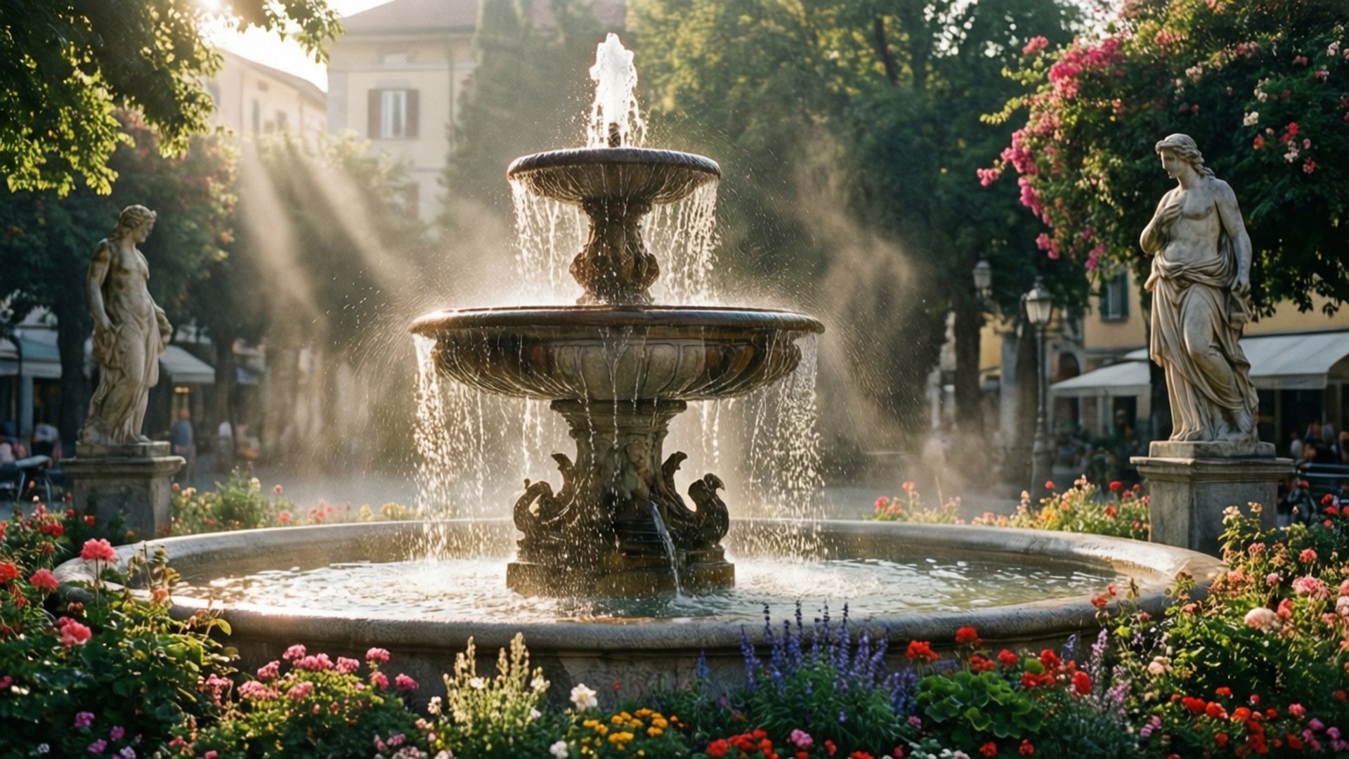 Sunlit fountain with statues and colorful flowers in a European plaza. — Locarno Picture
