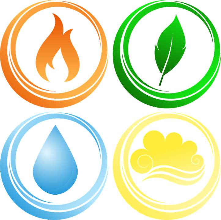 Four Elements Vector Illustration PNG — Four elemental icons fire leaf water cloud in colored circles on black background.