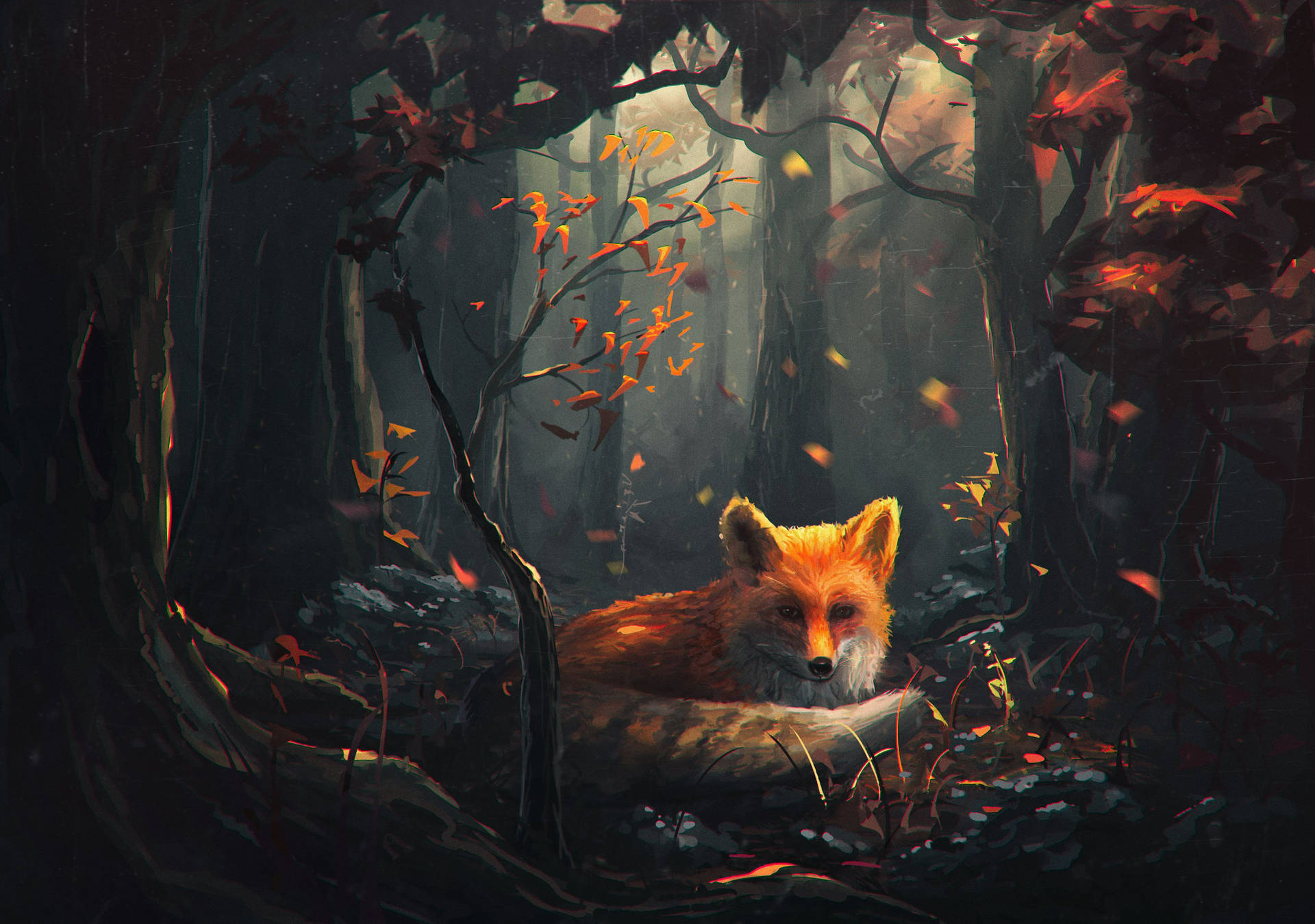 A beautiful Red Fox peacefully standing among a lush forest Wallpaper
