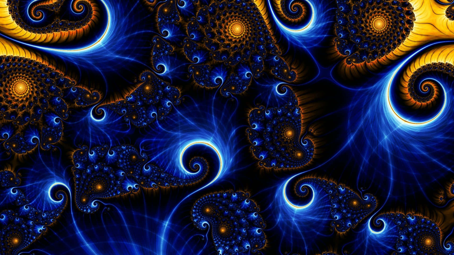 A Blue And Yellow Fractal Design On A Black Background Wallpaper