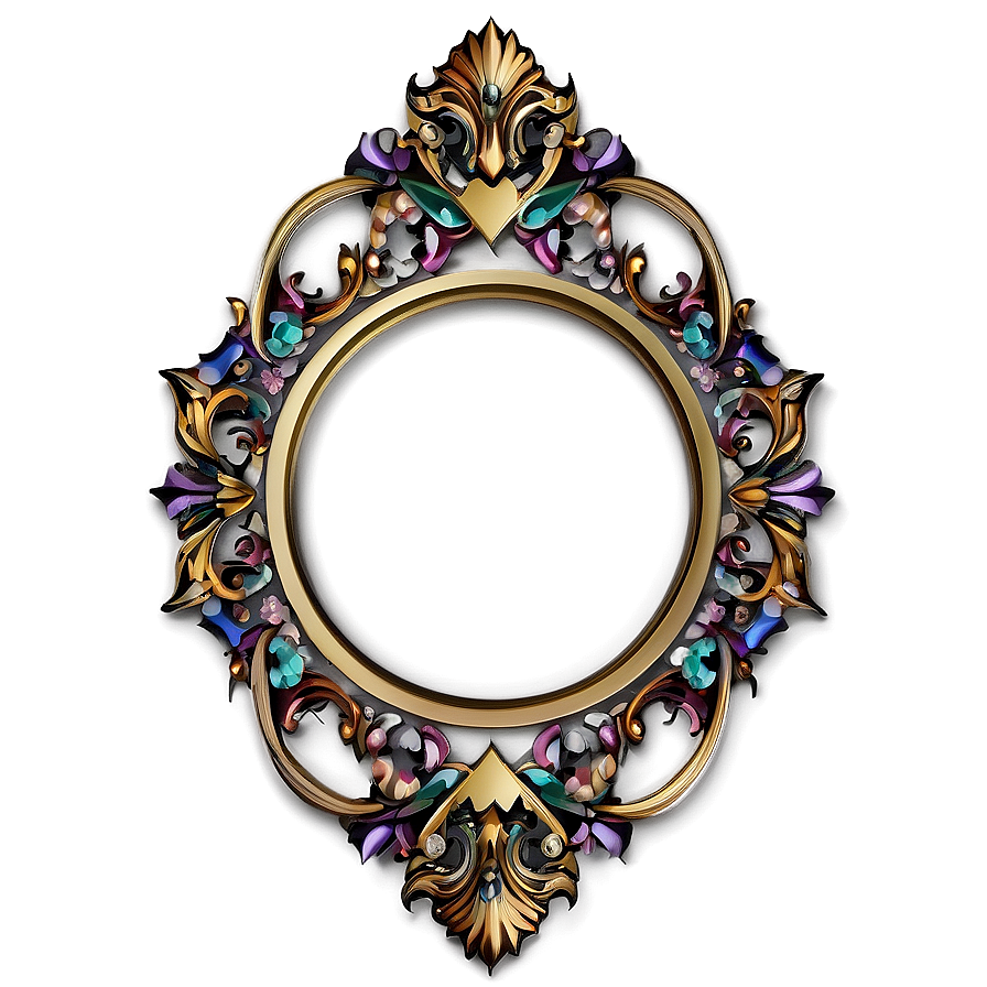 frame design a PNG — An ornate golden circular frame adorned with colorful gemstones and intricate floral scrollwork against a muted brown background.
