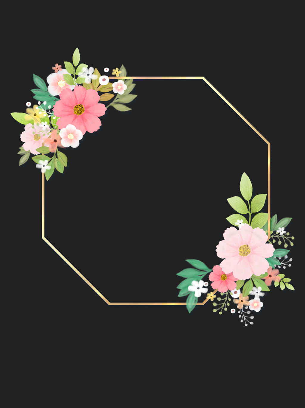 Picture Of Octagonal Golden Frame With Flowers