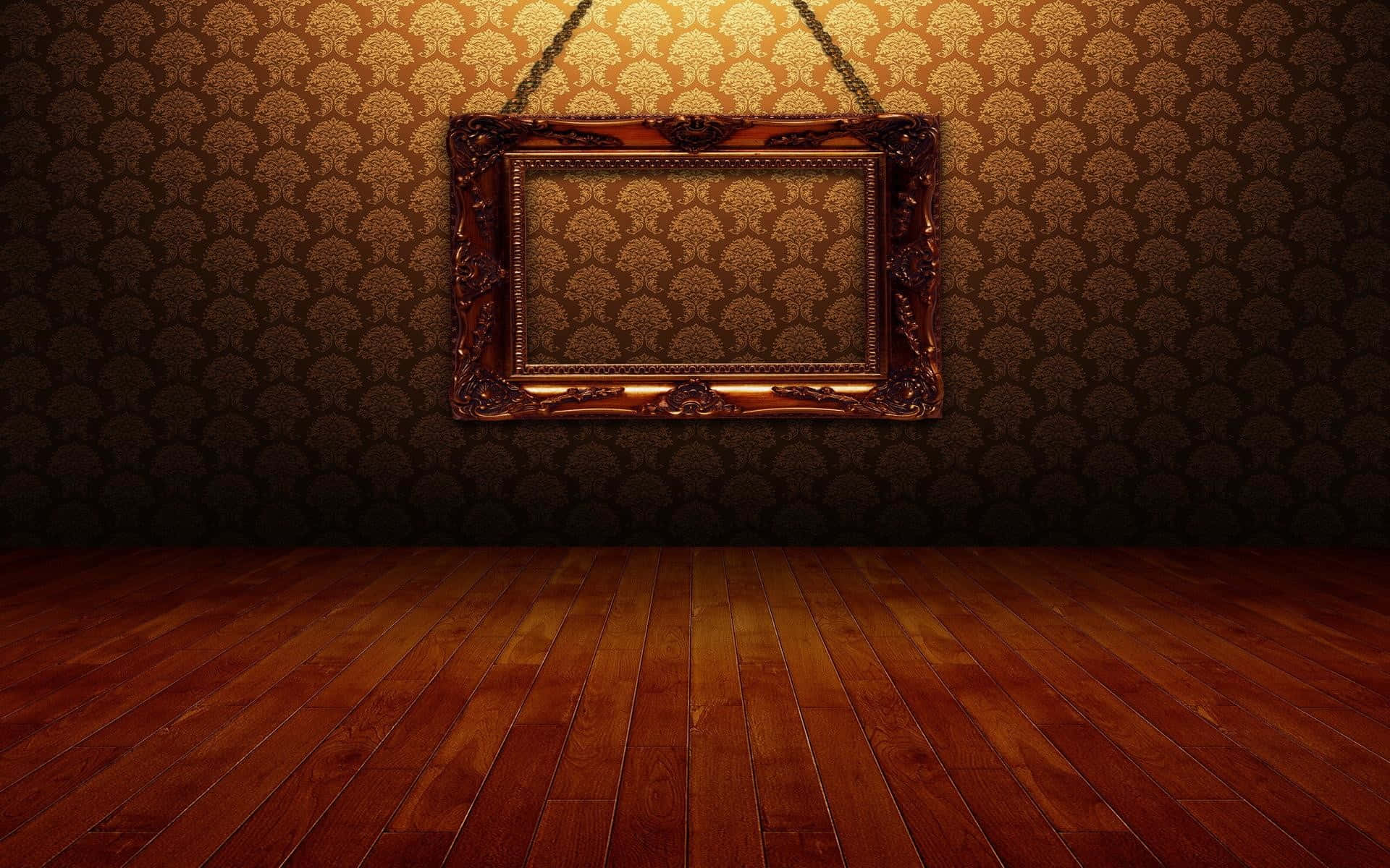 an old frame hanging on a wooden floor