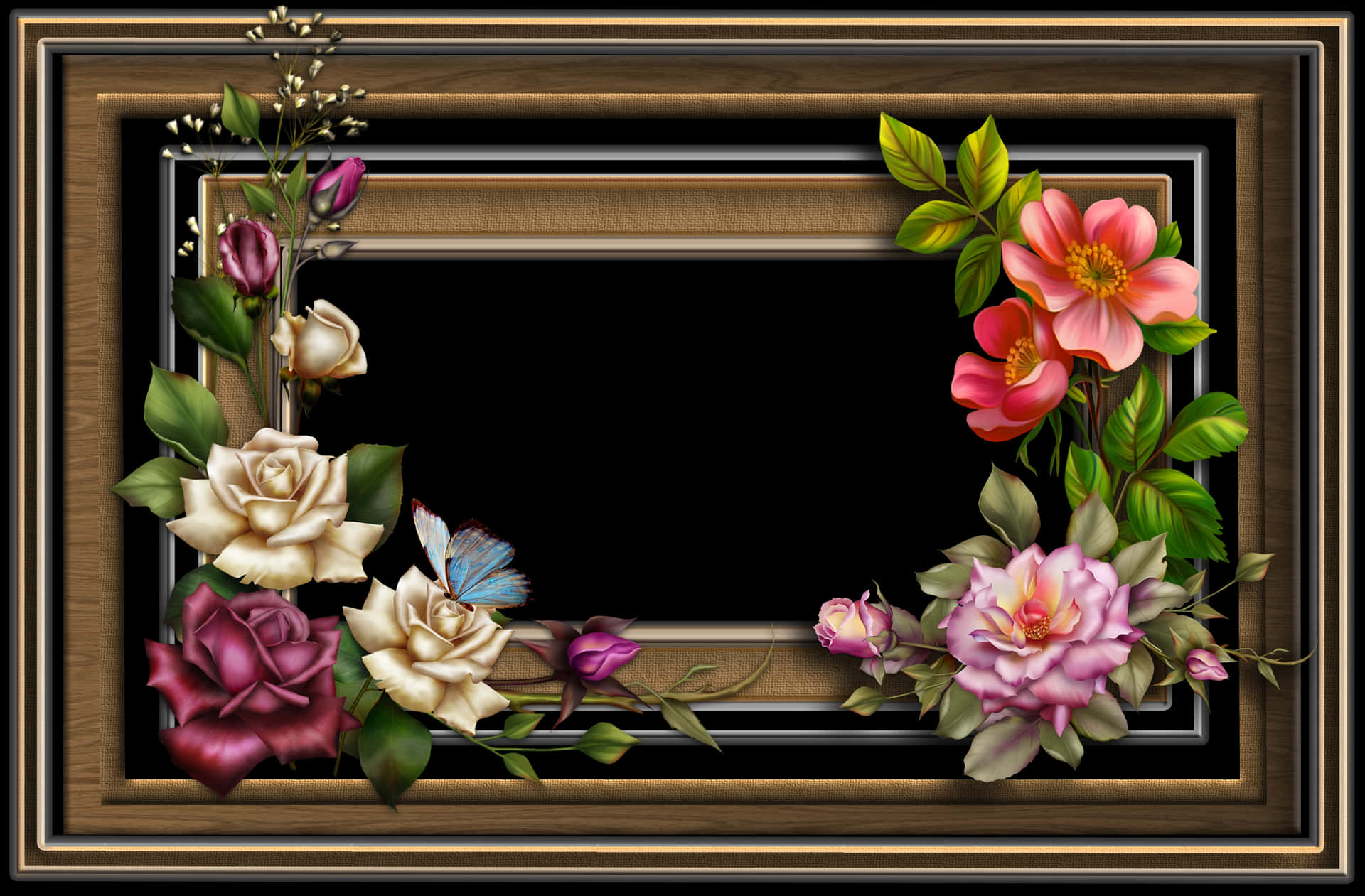 A Picture Frame With Flowers And Butterflies