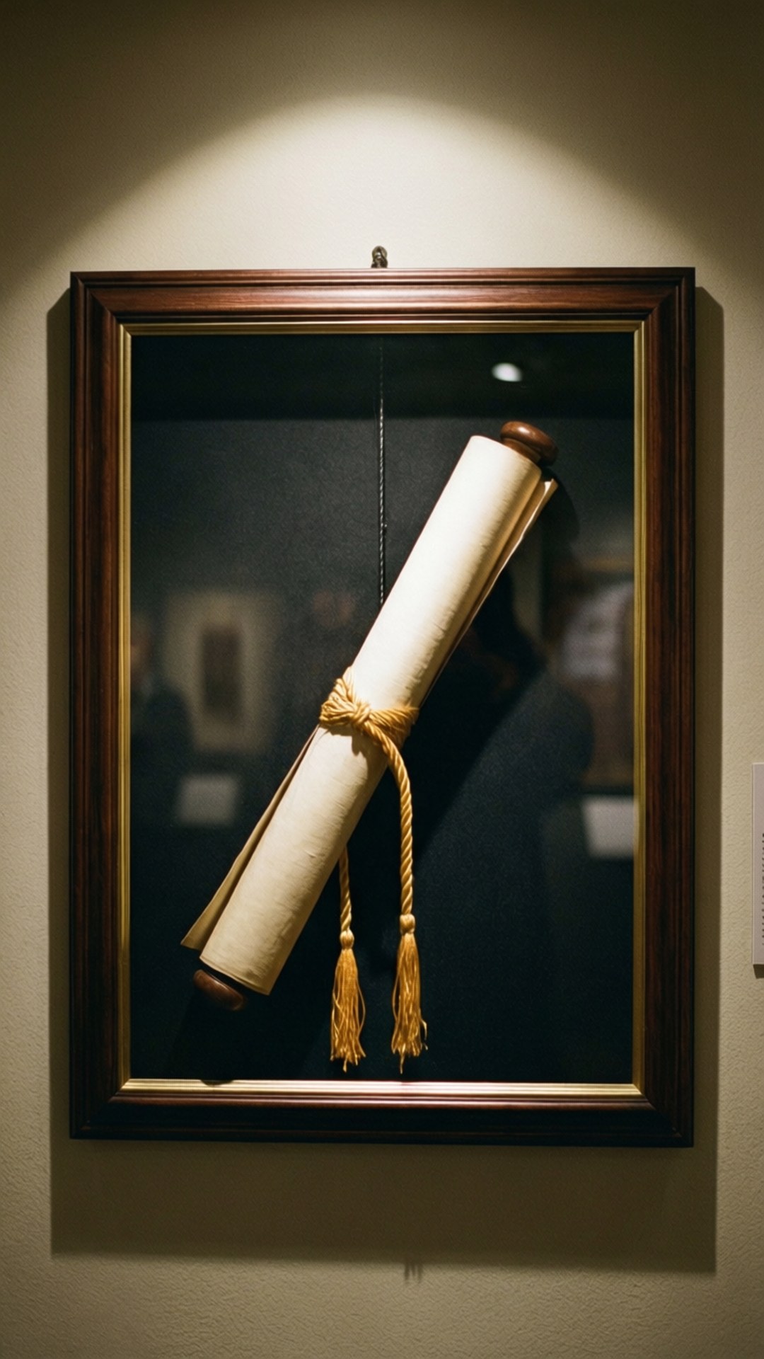 Diploma in glazen lijst aan de muur.