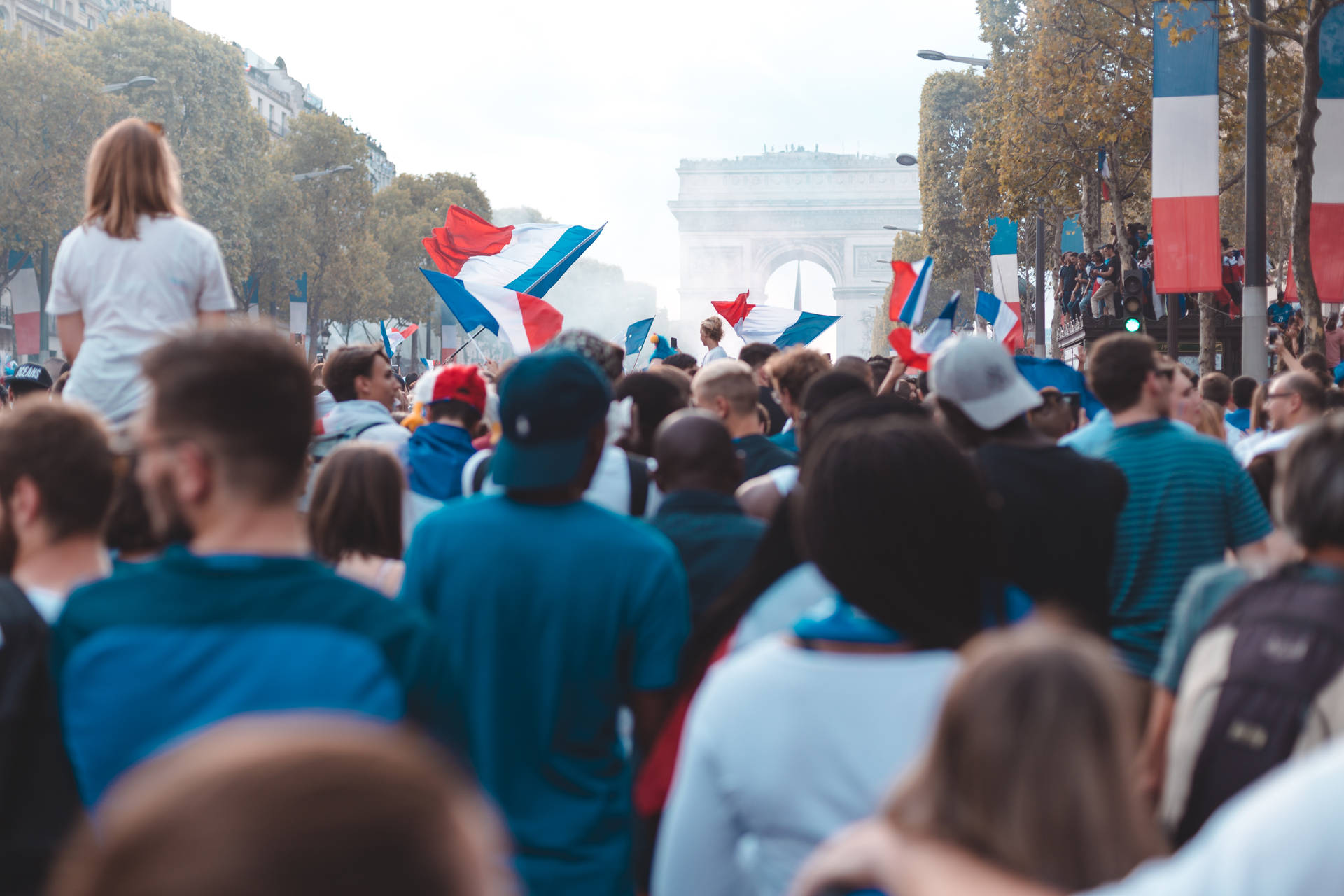 France Flags With Patriots Parade