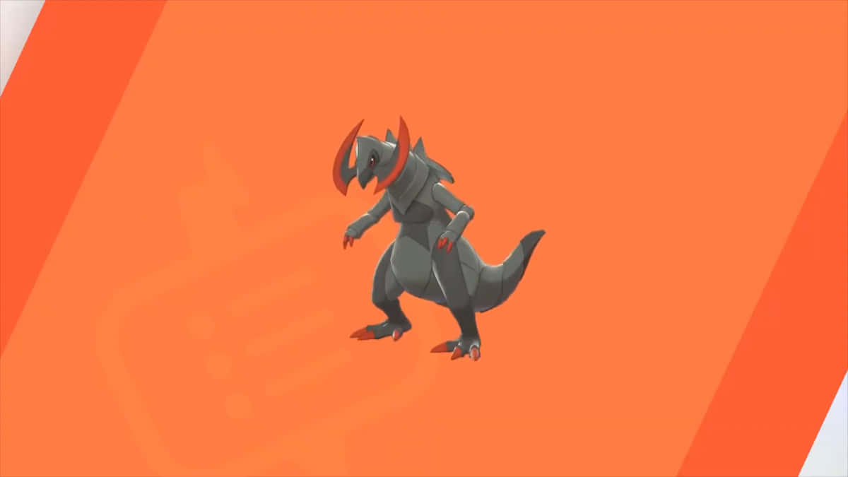 A fraxure standing in the shadows against a bright orange background. Wallpaper
