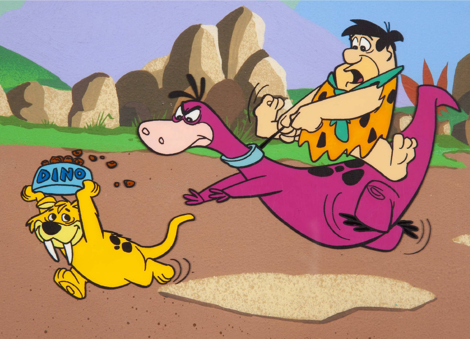 Fred Flintstone jager Dino efter Puss tegneserie Wallpaper
