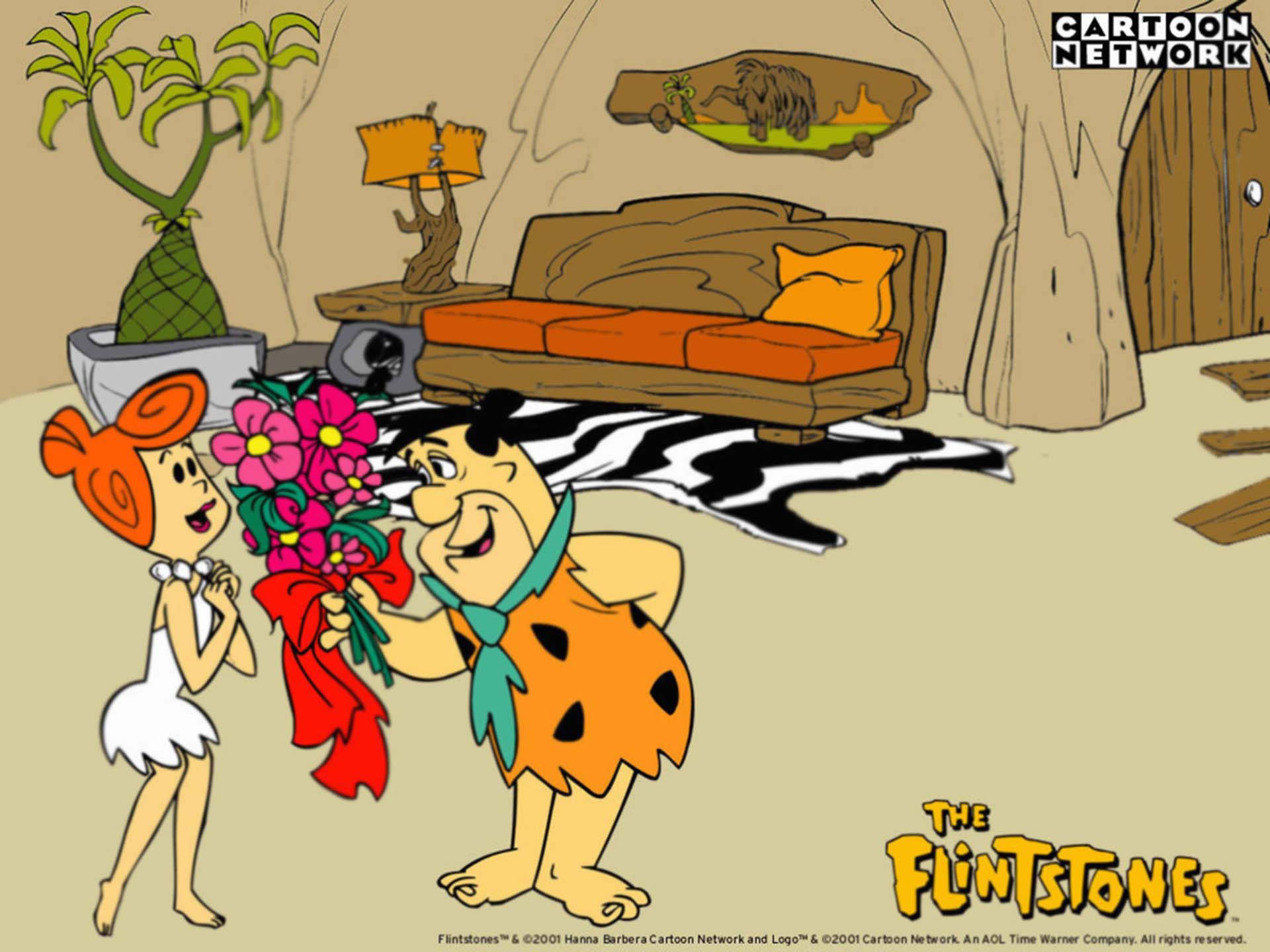 Fred Flintstone Tilbyder Blomster Til Wilma Wallpaper
