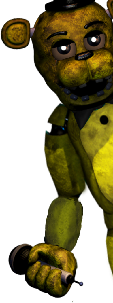 Fredbear Animatronic Character PNG — A worn yellow animatronic bear with glowing eyes holds a microphone against a black background.