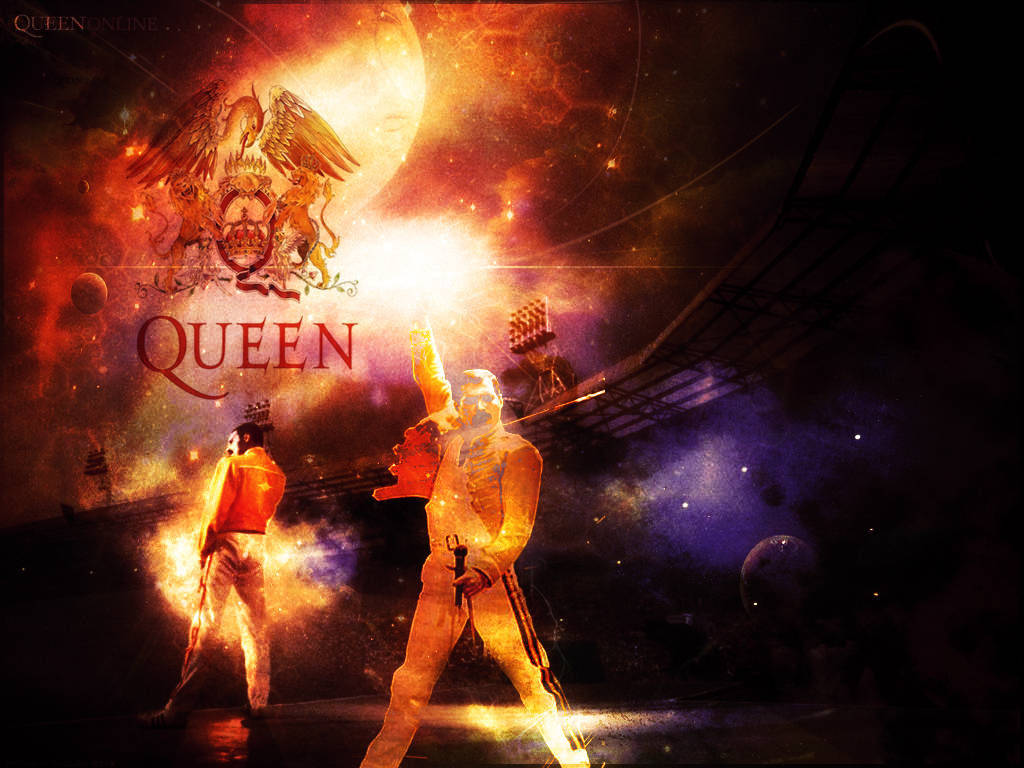 Download Freddie Mercury In Blazing Queen Logo Wallpaper 
