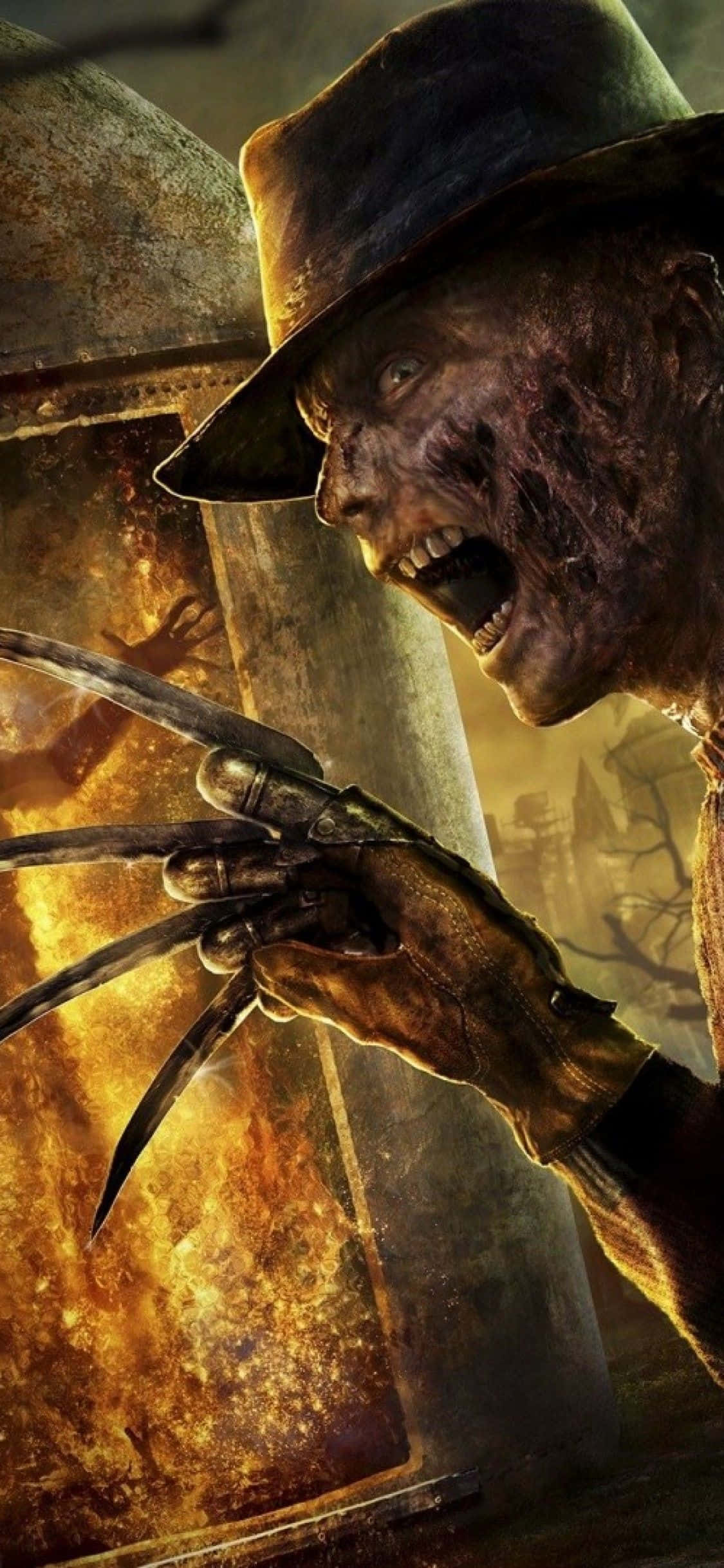 Freddy Krueger menacingly poses with his razor-sharp glove in this thrilling high-resolution background