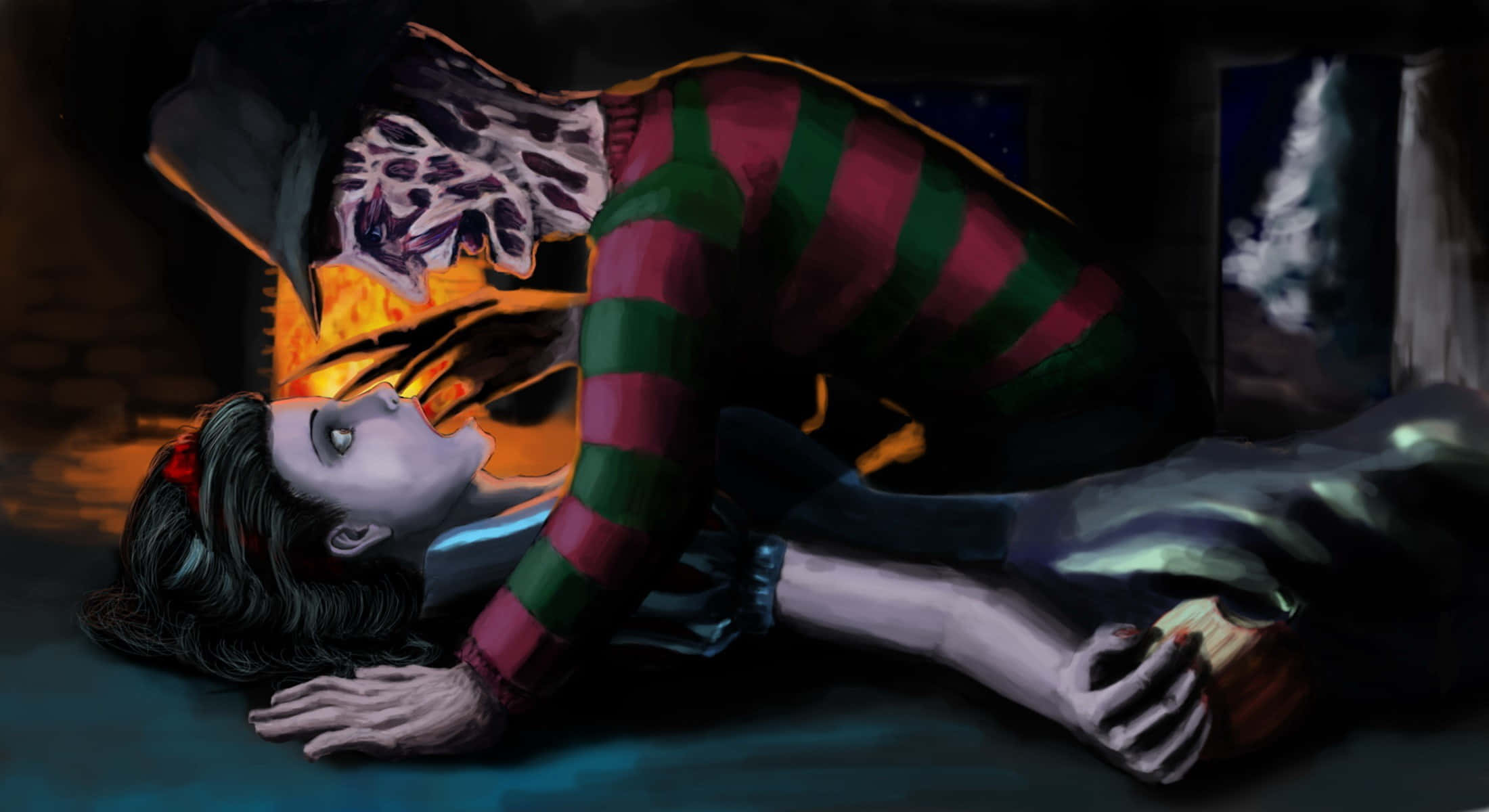 Freddy Krueger menacingly strikes a pose in his iconic red and green striped sweater.