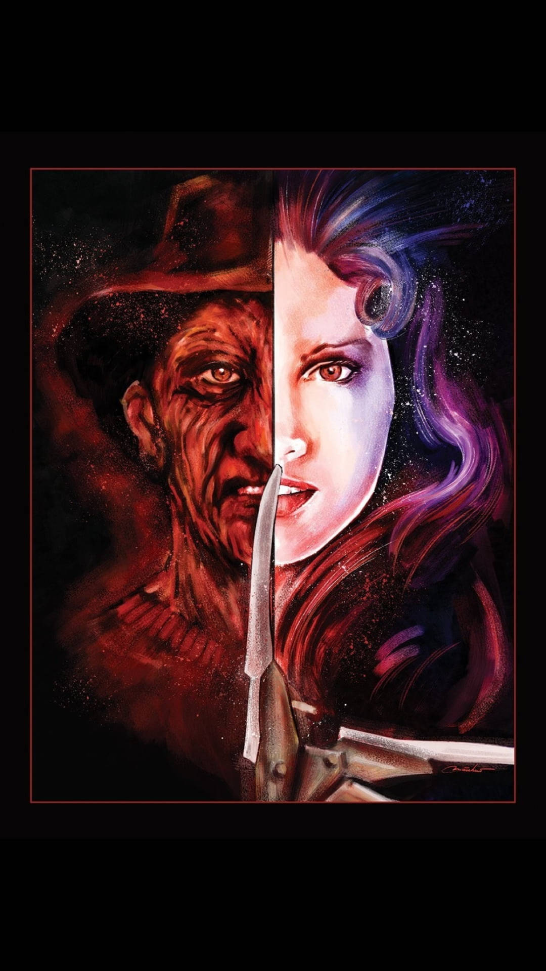 Caption: The iconic Freddy Krueger looming ominously over his relentless enemy Nancy Thompson. Wallpaper