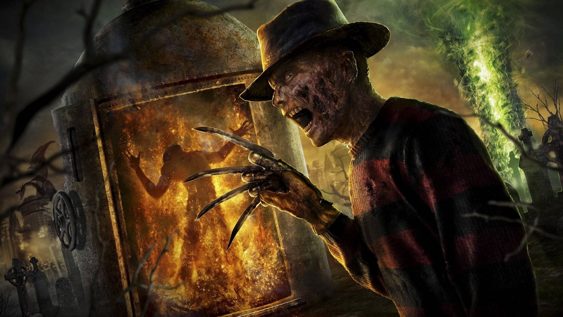 The Mythical Freddy Krueger in a Spooky Cemetery Wallpaper