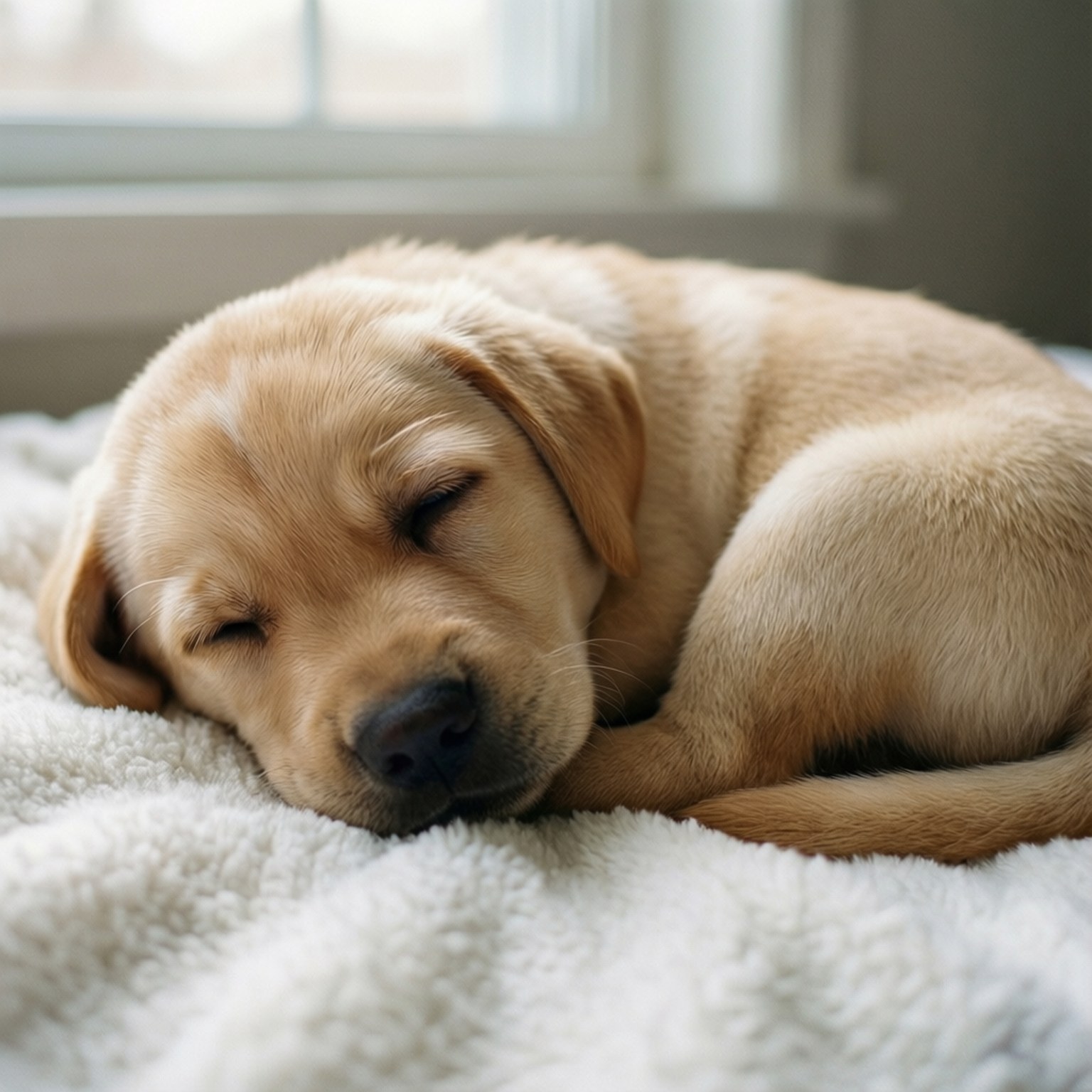 Peaceful Slumber Wallpaper — A golden retriever puppy sleeps peacefully curled on a fluffy white blanket near a window.