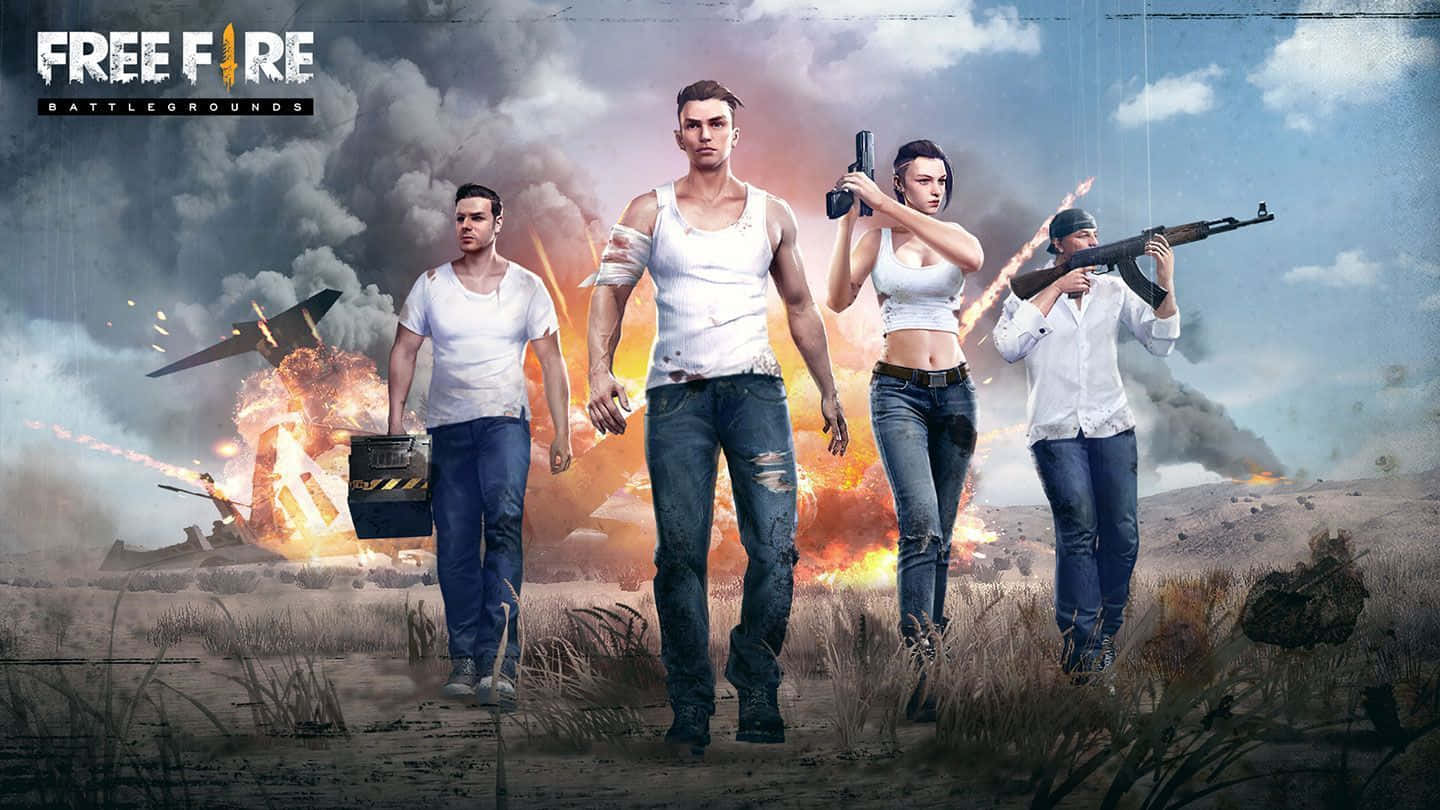 Four Characters Wearing White Top Free Fire Background