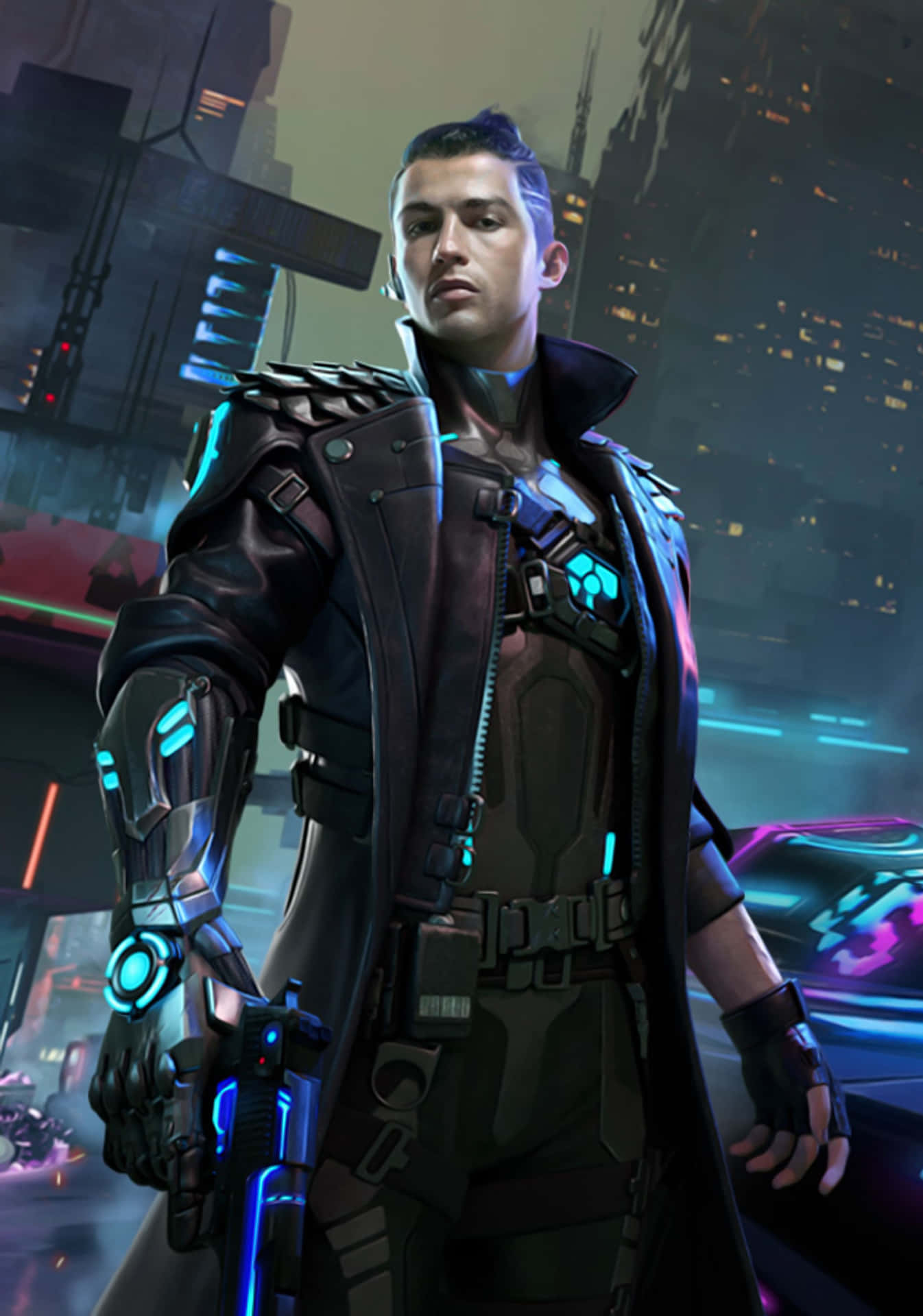 A Man In A Futuristic Outfit Standing In A City Wallpaper