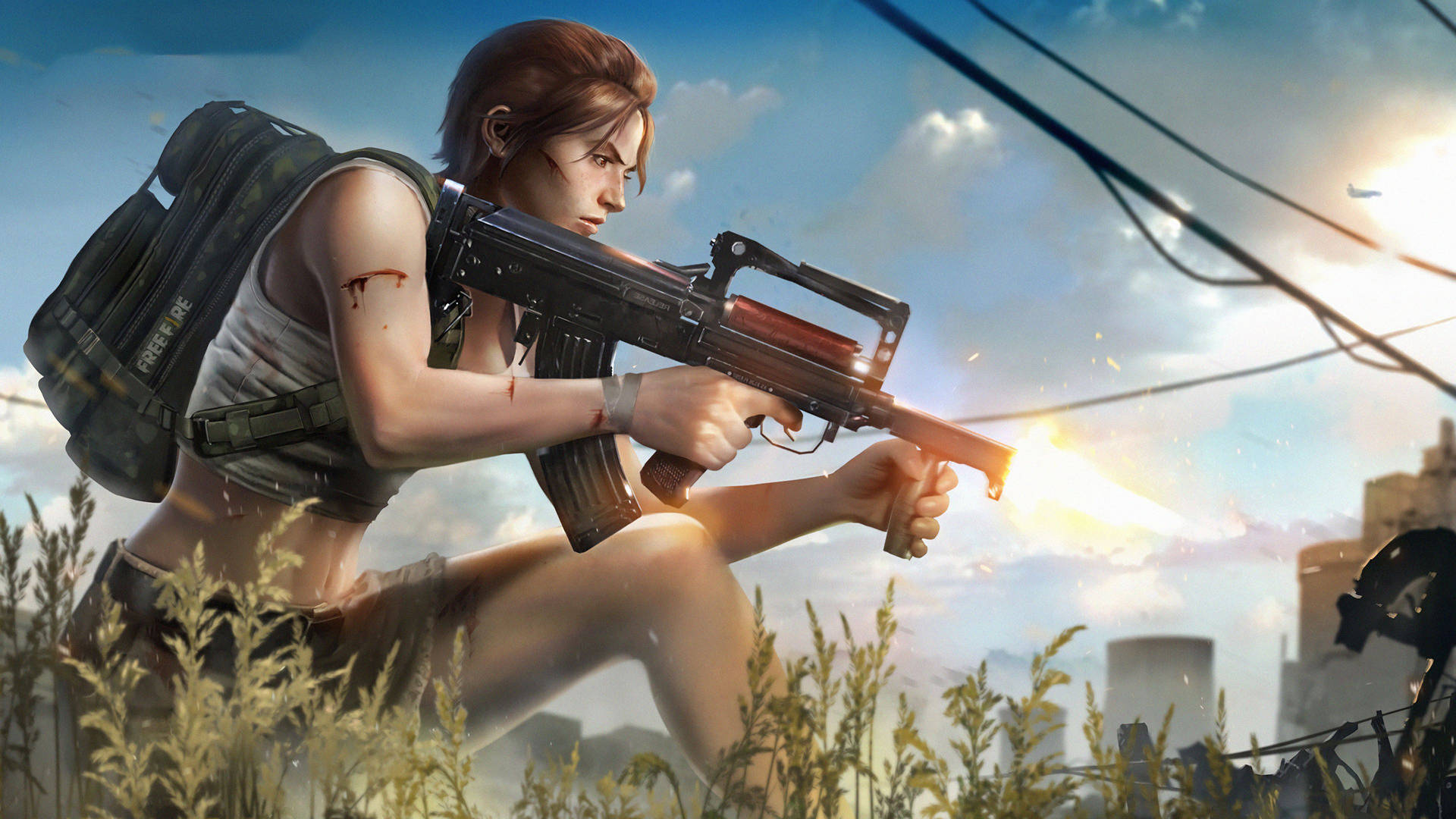 Kostenlosefire Desktop-hintergrundbild: Bewaffnetes Mädchen Mit Rucksack Wallpaper