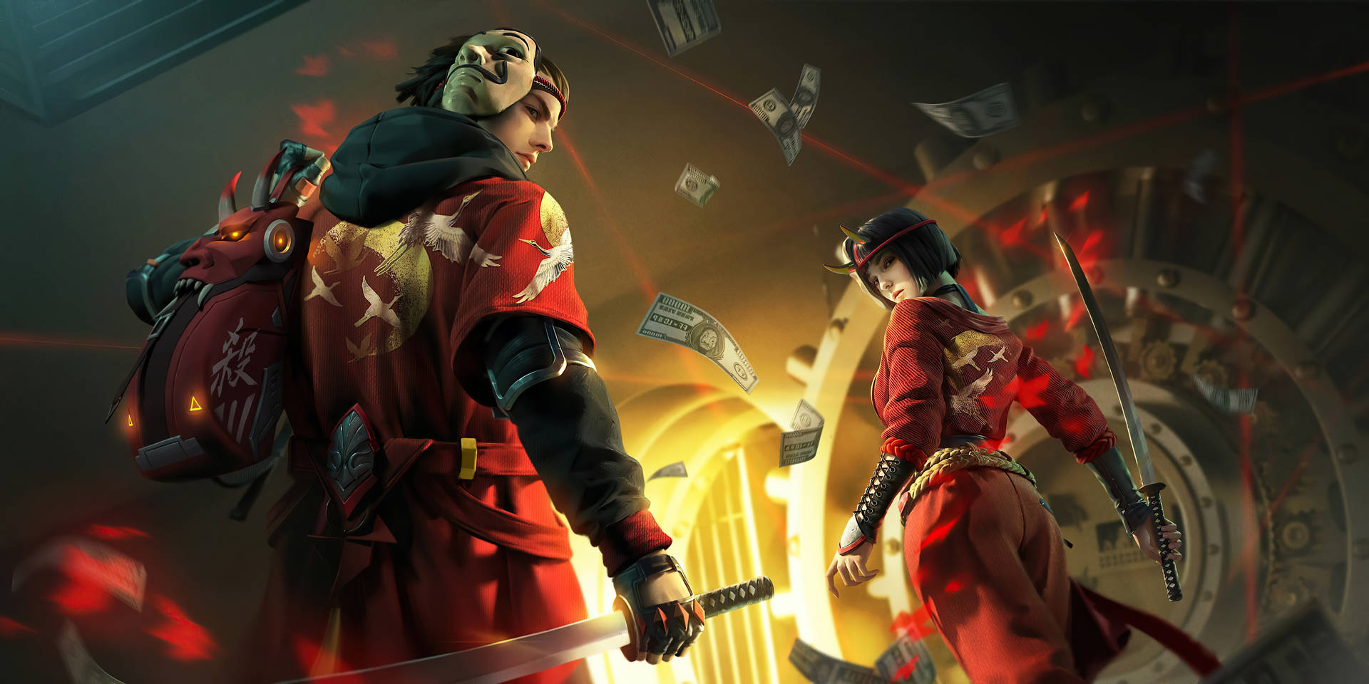 Red Samurai: Battle Ready in Free Fire Desktop Wallpaper