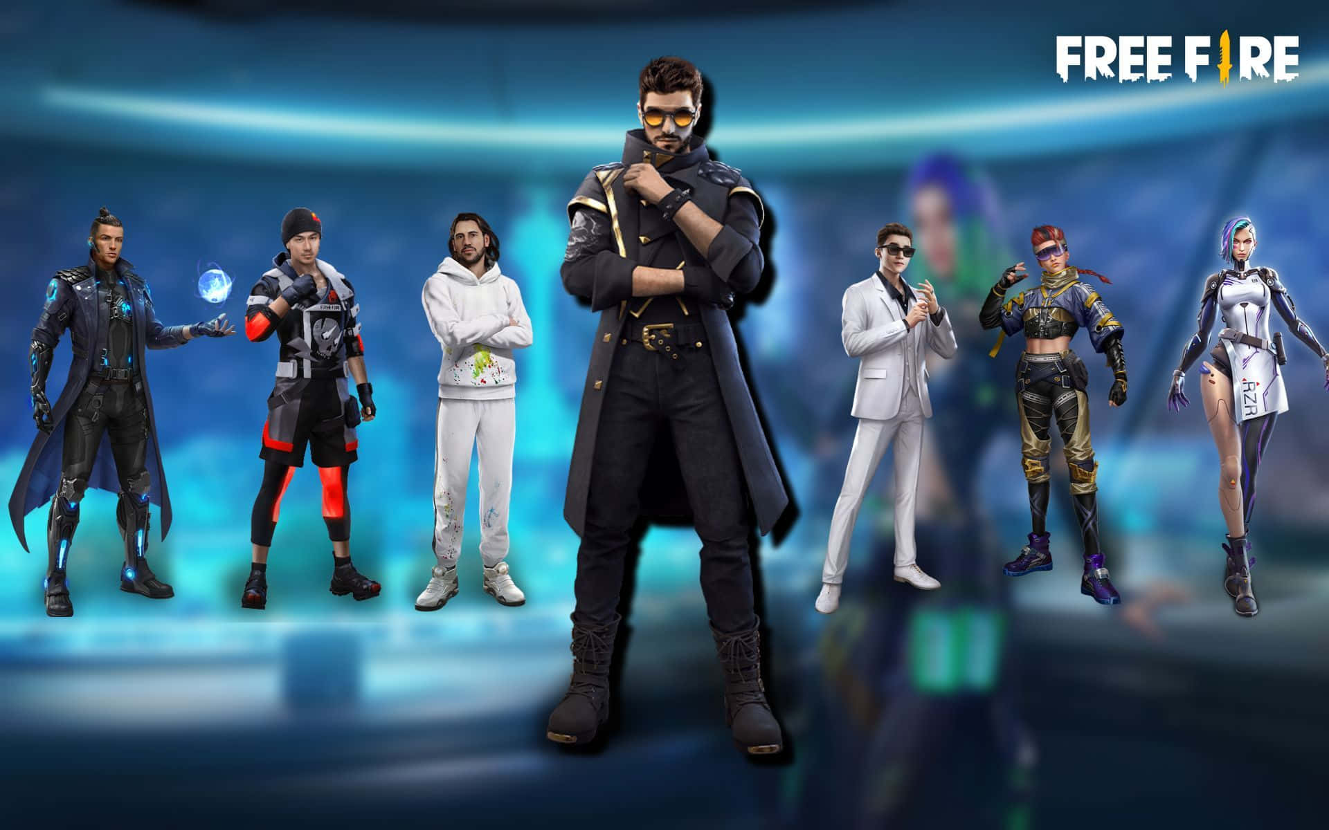 Freefire - Eine Gruppe Von Charakteren Steht Vor Einem Blauen Hintergrund.