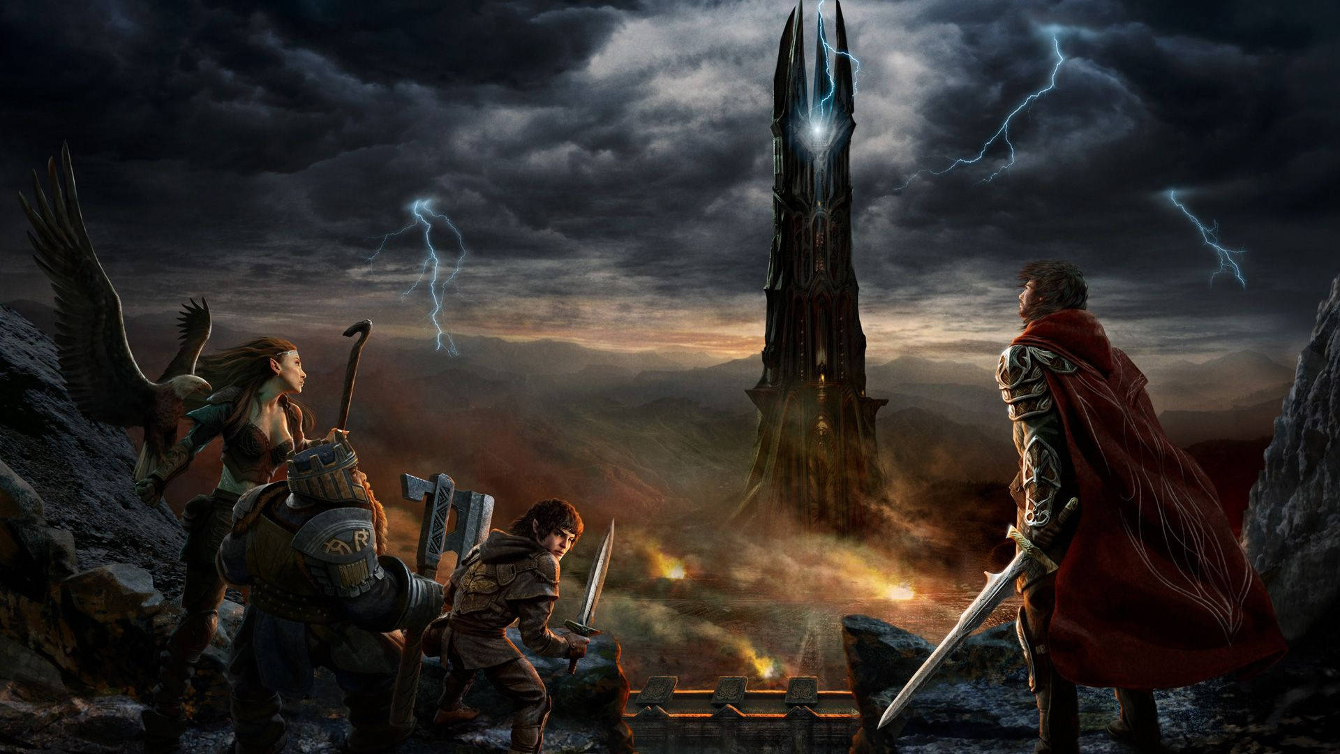 the lord of the rings - a tower with a group of people Wallpaper