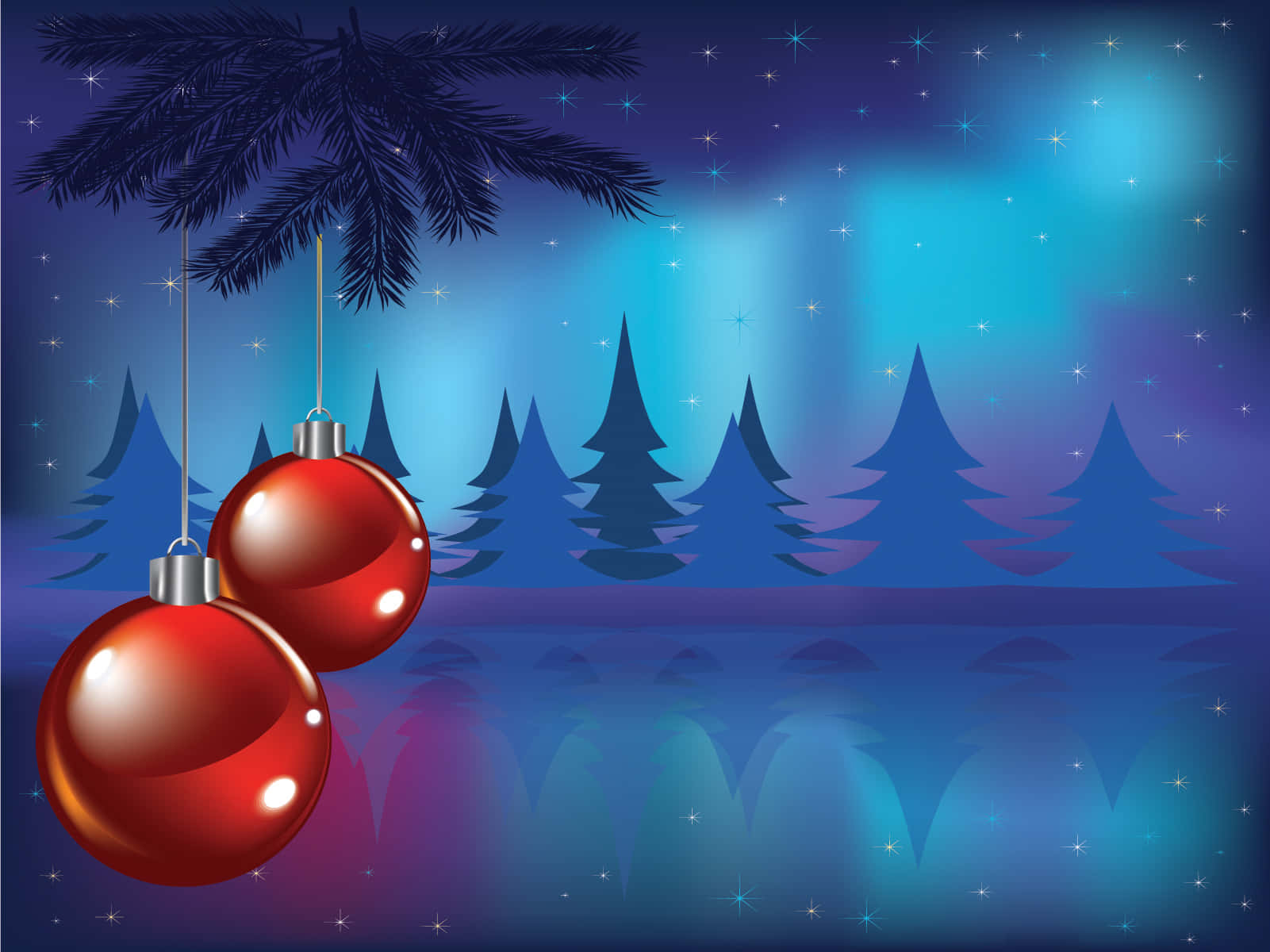 Christmas Tree With Red Balls And Trees On The Lake Vector