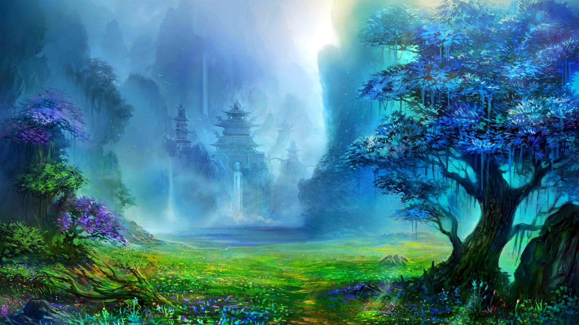 Free To Use Fantasy Pagoda Painting Wallpaper