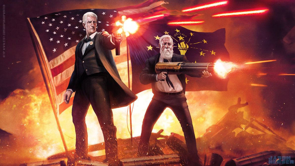 Two Men With Guns In Front Of An American Flag Wallpaper