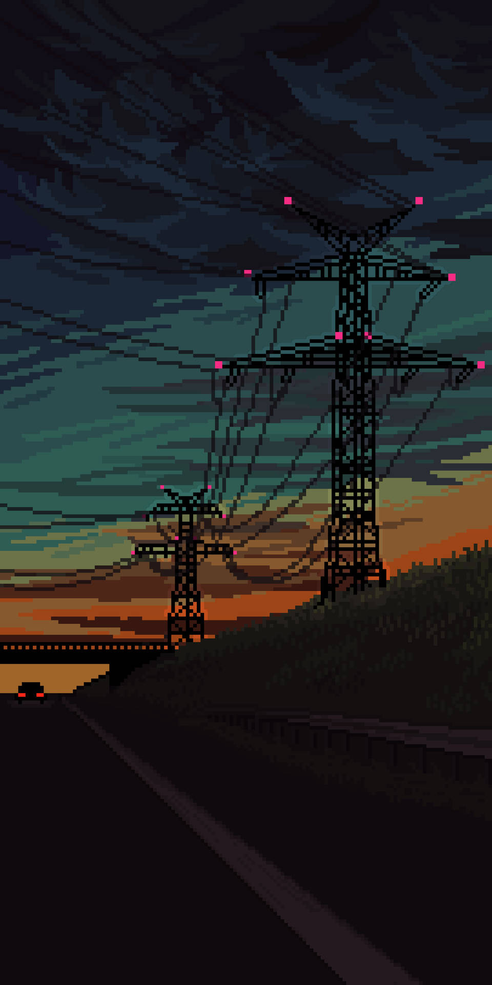 Freeway And Power Lines In Aesthetic Pixel Art Wallpaper