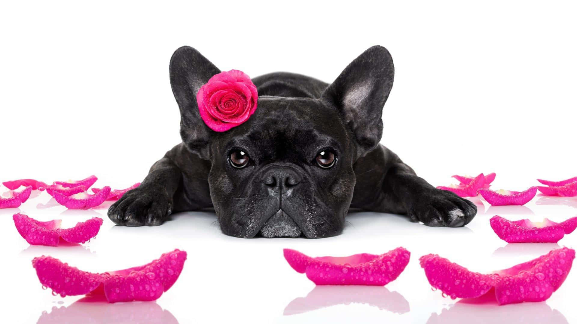 A Black French Bulldog With A Pink Flower On Its Head