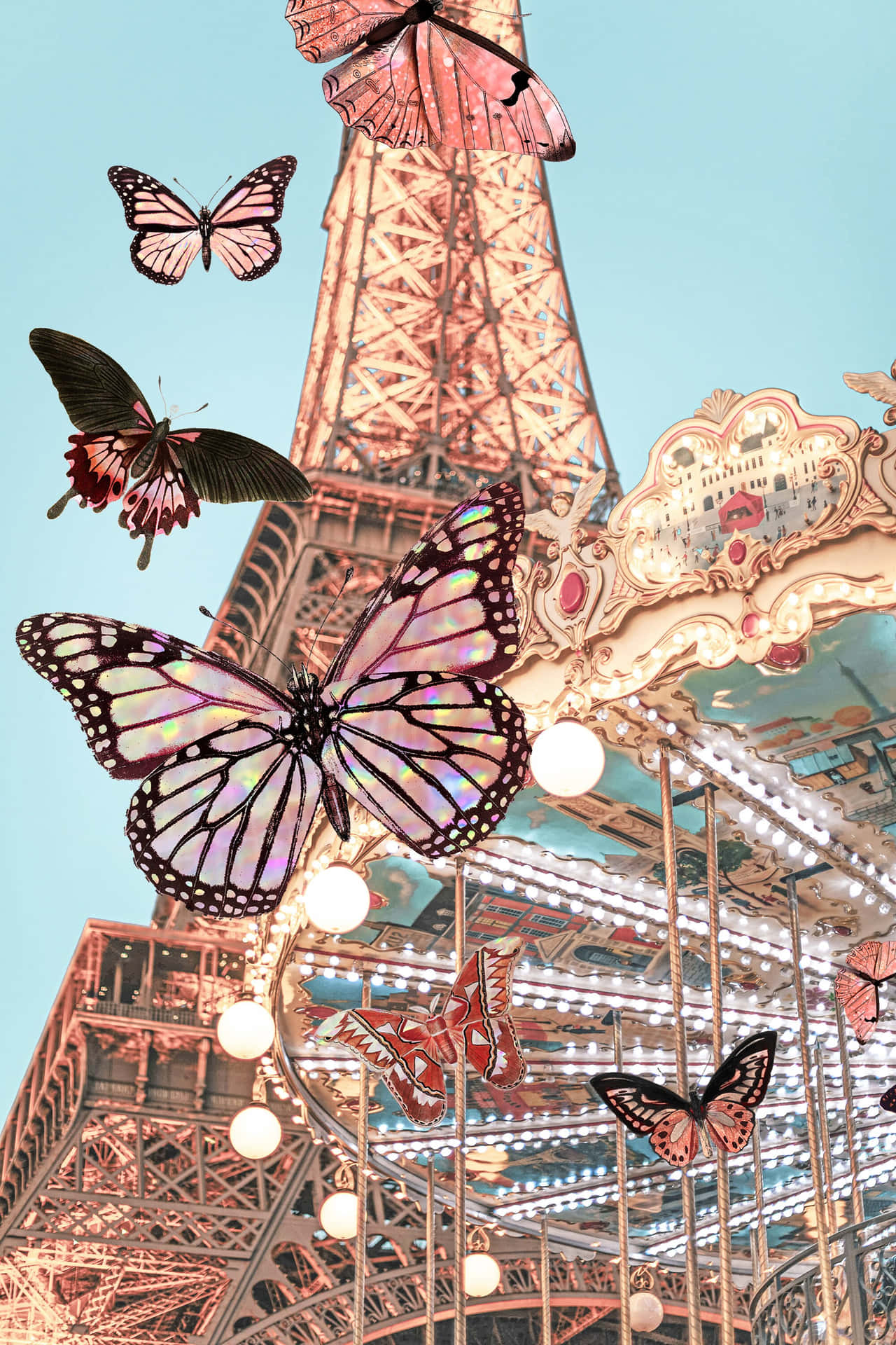 Französischereiffelturm Mit Karussell Und Schmetterlingen Bild