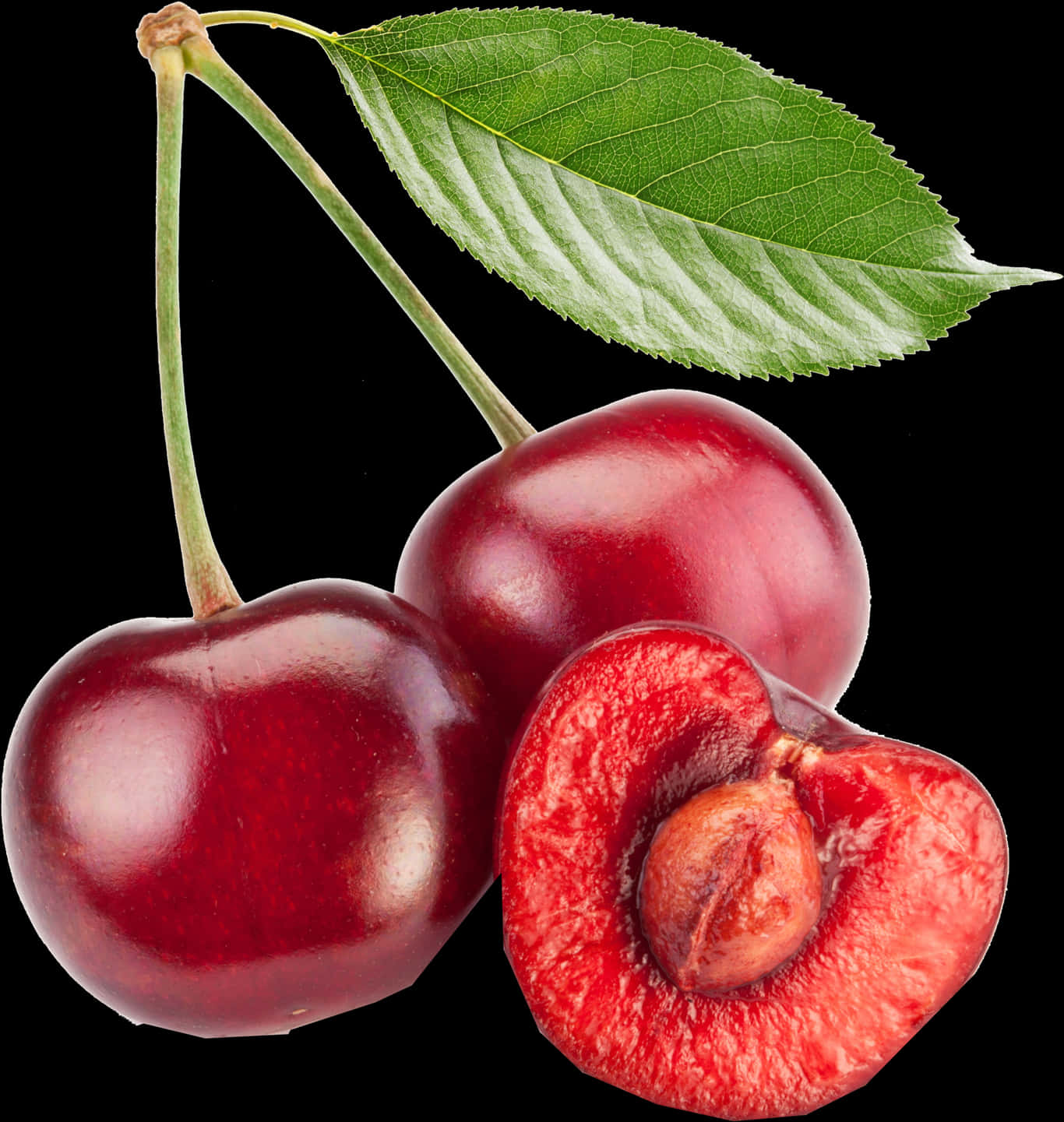 Fresh Cherries With Leafand Pit PNG