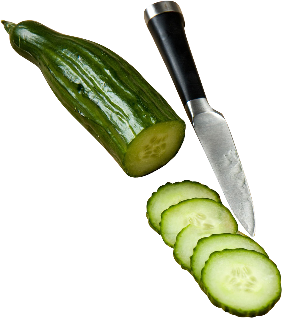Fresh Cucumberand Sliceswith Knife.png PNG